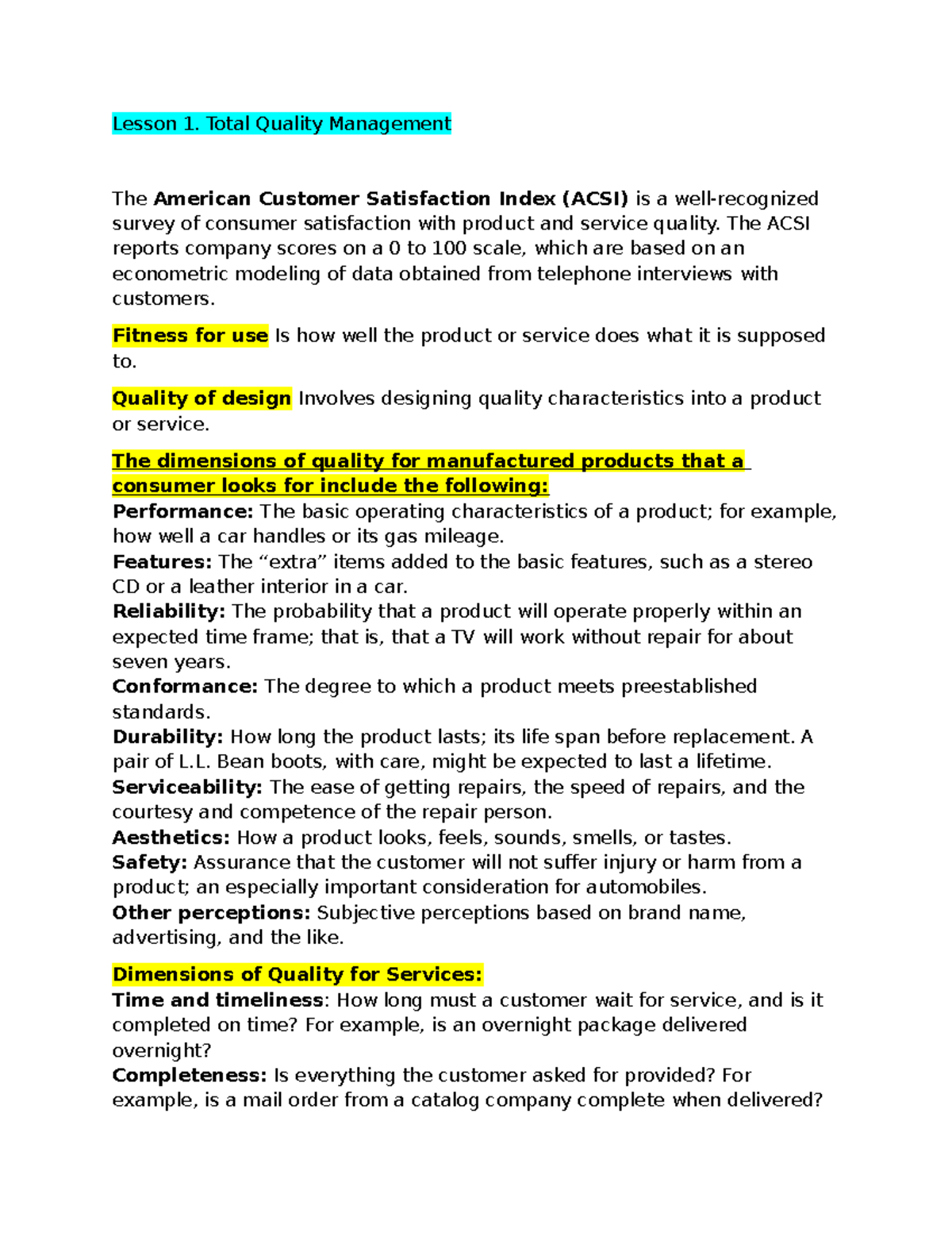 D469 - Lesson 1: Total Quality Management & ACSI Insights - Studocu