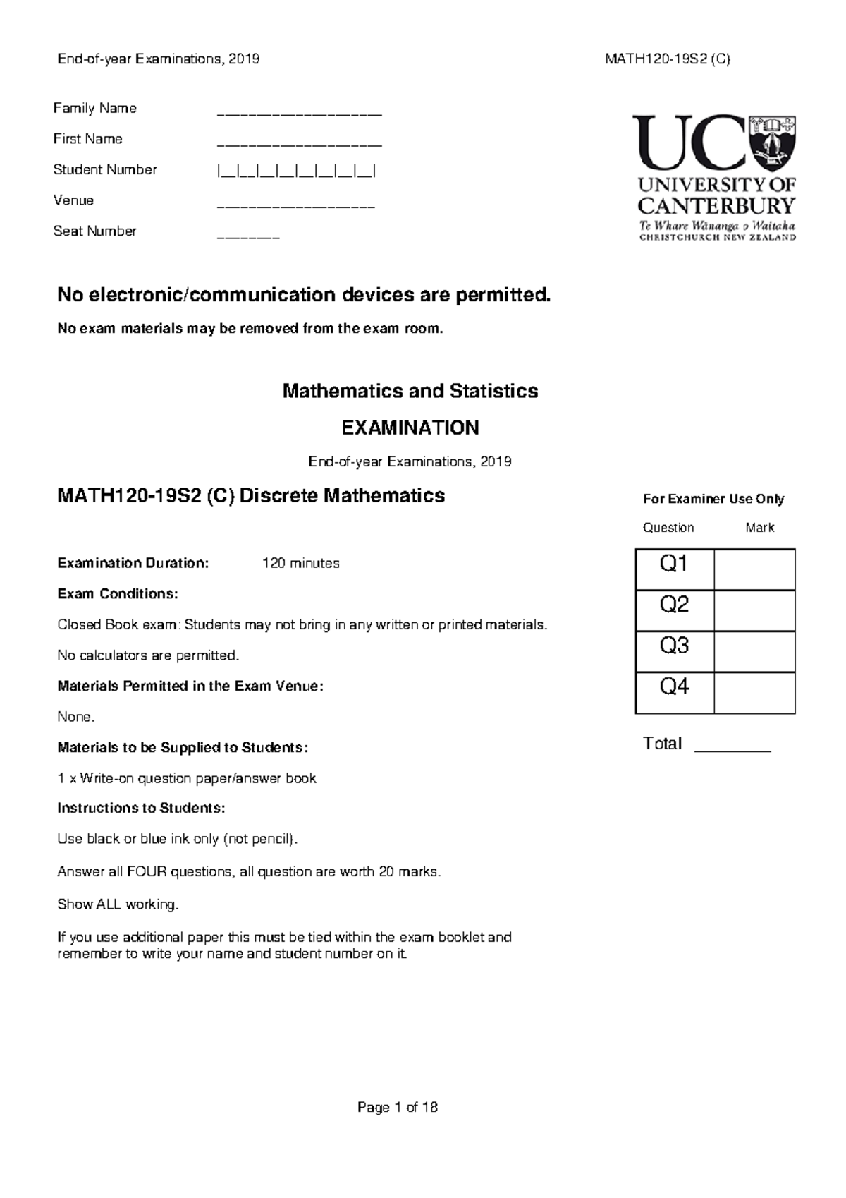 Math120 exam master 2019 1003 - End-of-year Examinations, 2019 MATH120 ...
