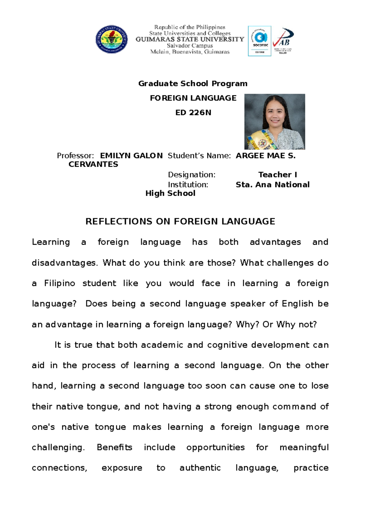 Foreign Language (Reflection) - Graduate School Program FOREIGN ...