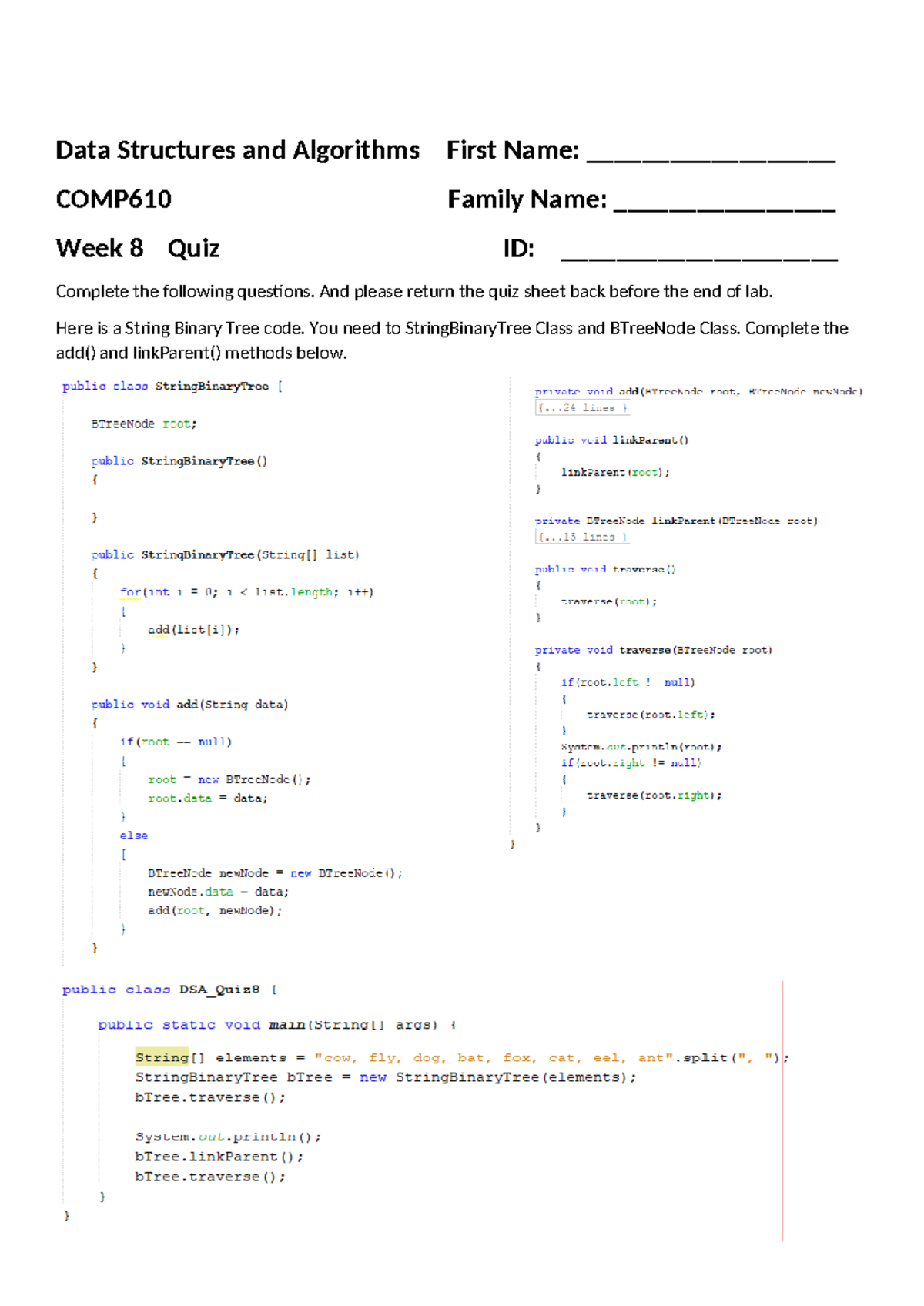 COMP610 Week 8 Lab: String Binary Tree Implementation Quiz - Studocu