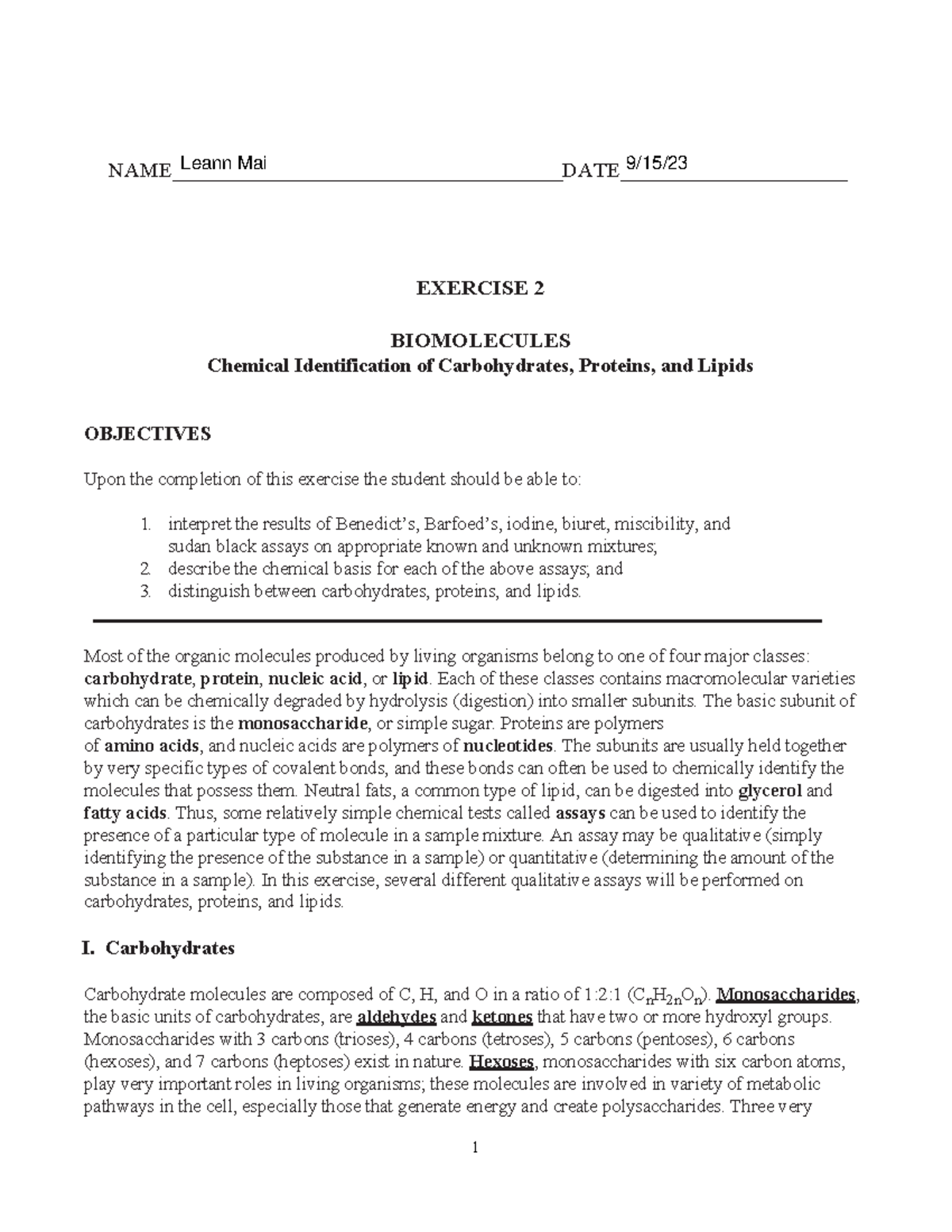 Bio Lab - Chemical Identification of Biomolecules and Assays - Studocu