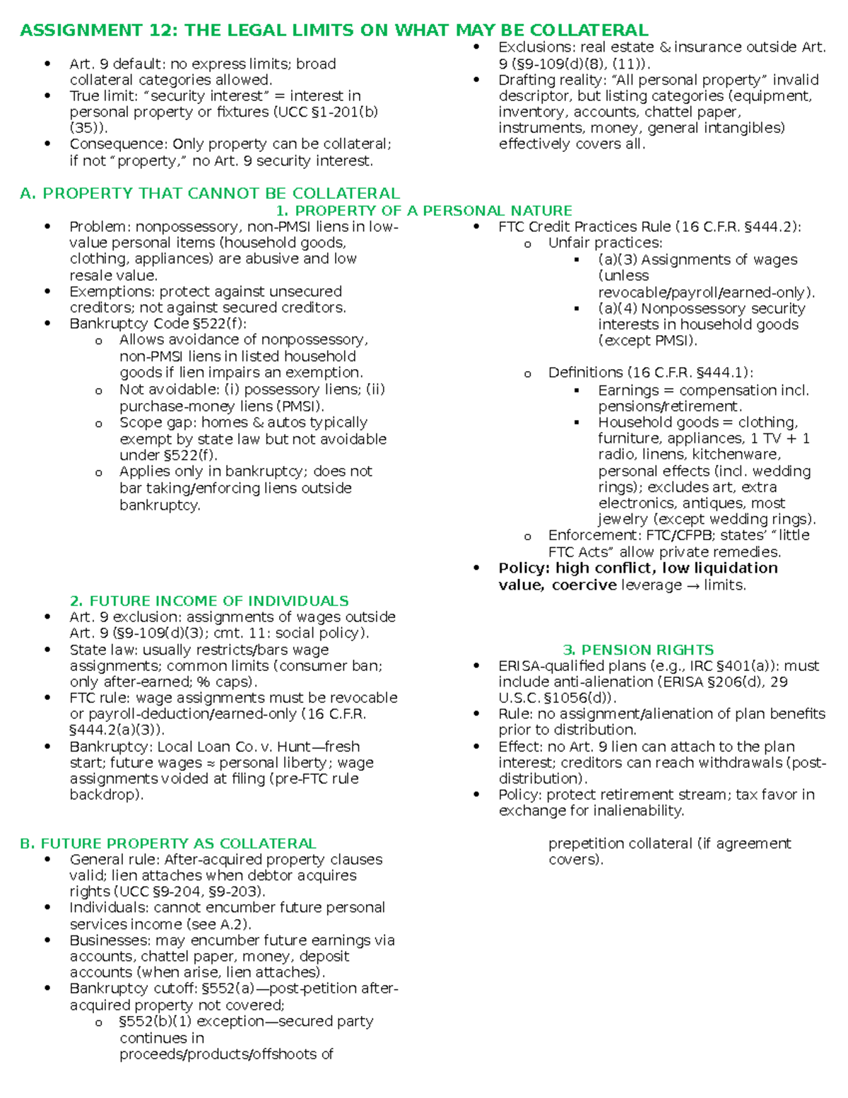 Assignment 12: Legal Limits on Collateral in Secured Transactions - Studocu