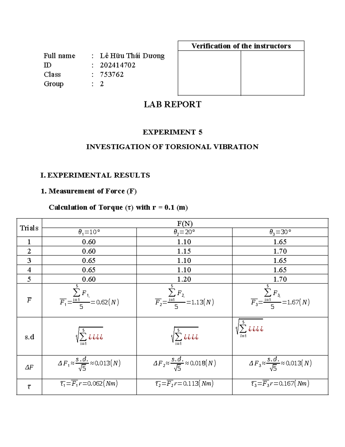 LAB Report 5: Investigation of Torsional Vibration Analysis - Studocu