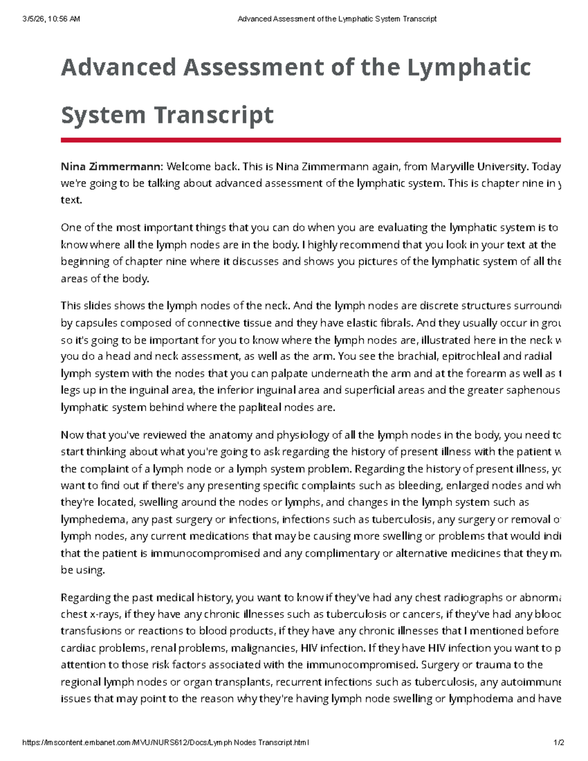 Advanced Assessment of the Lymphatic System - Chapter 9 Transcript ...