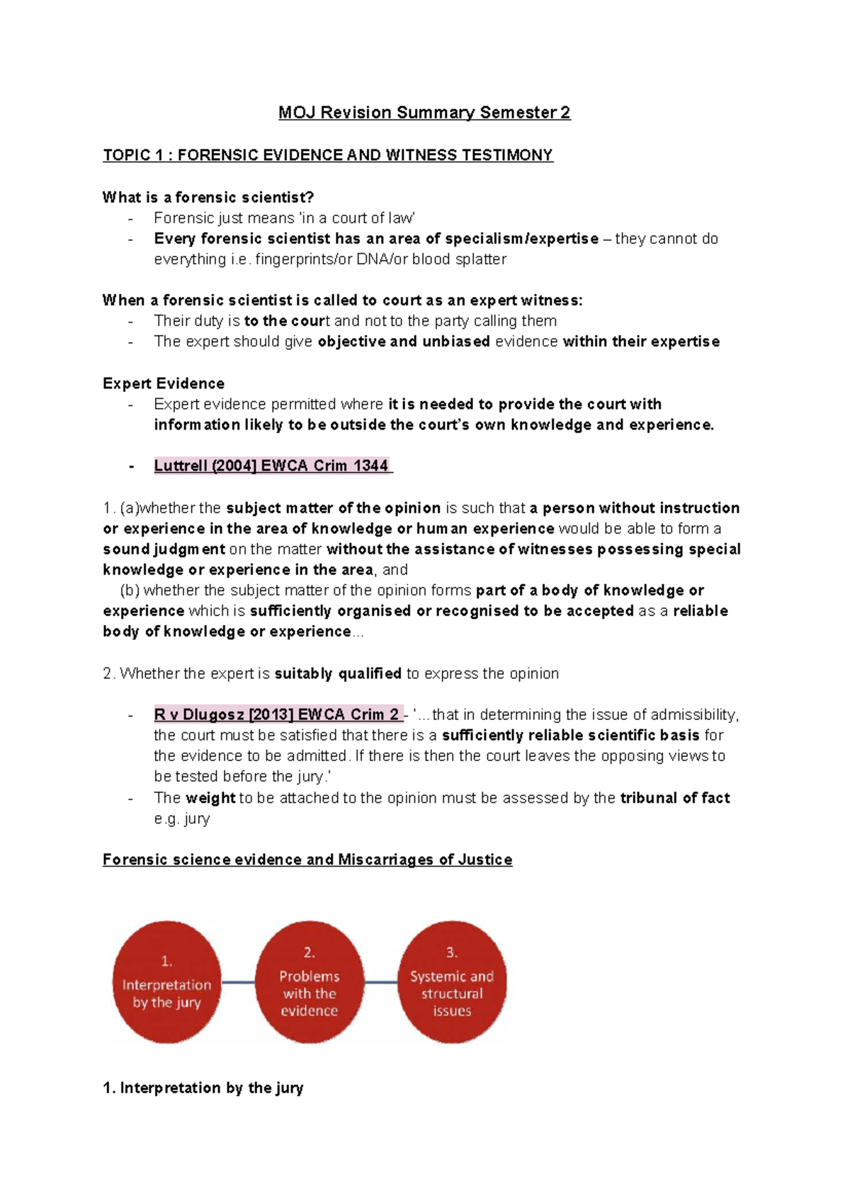 MOJ Revision Summary Semester 2: Forensic Evidence & Witness Testimony ...