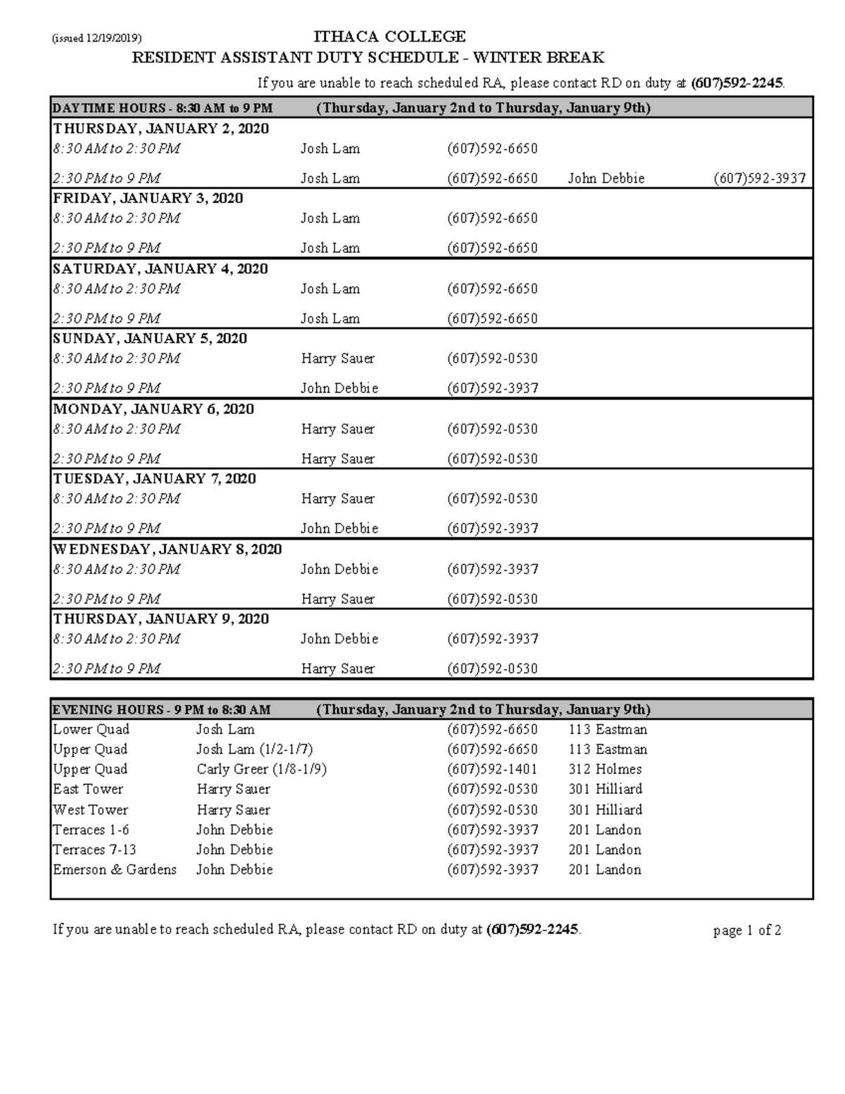 Ithaca College RA Duty Schedule Winter Break 2020 Studocu(01)