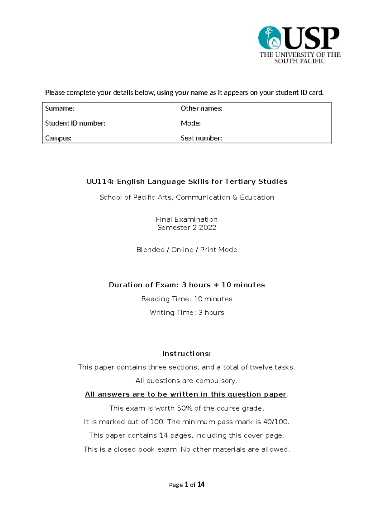 UU114 Final Exam Outline for Semester 2 2022: English Language Skills ...