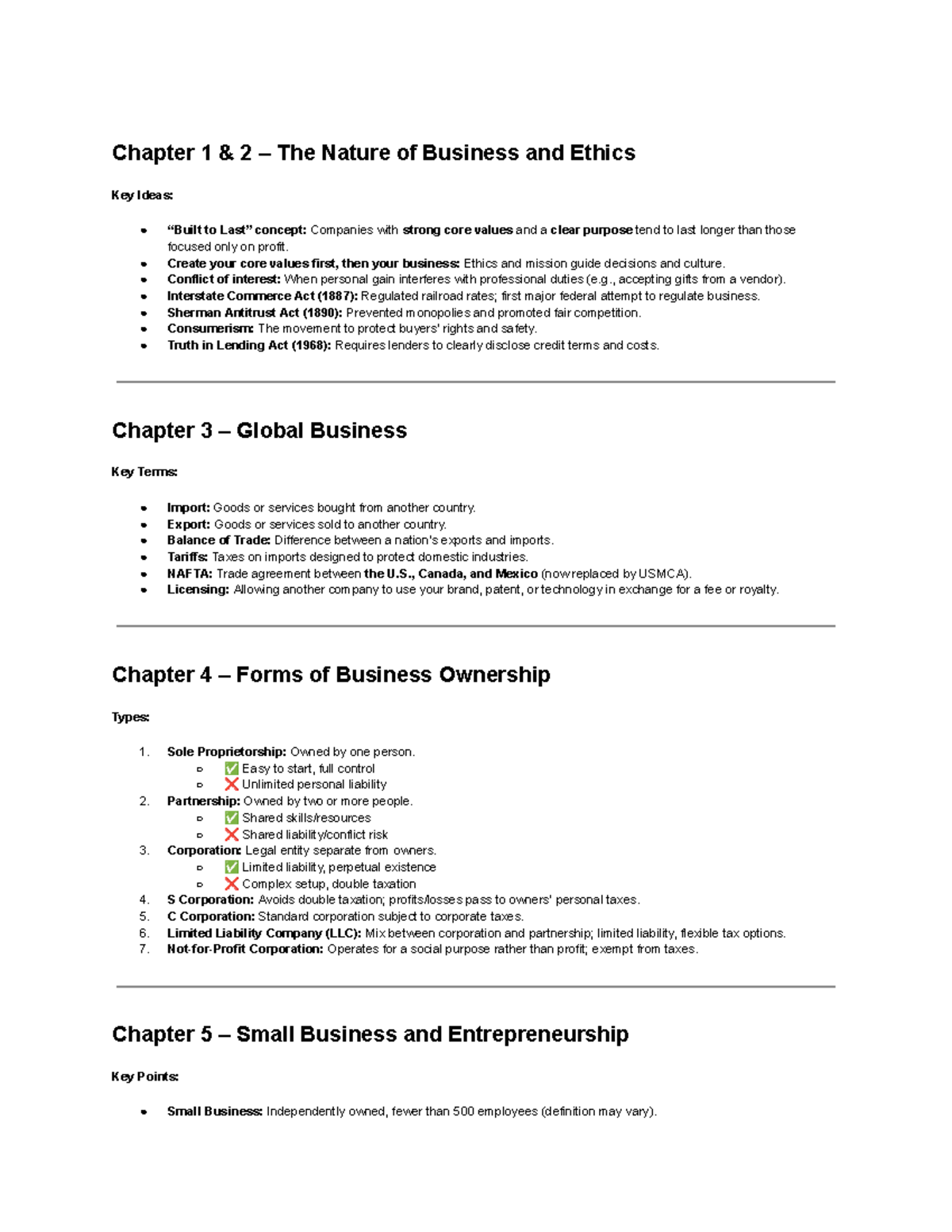 Chapter 1 & 2: The Nature of Business and Ethics Overview - Studocu
