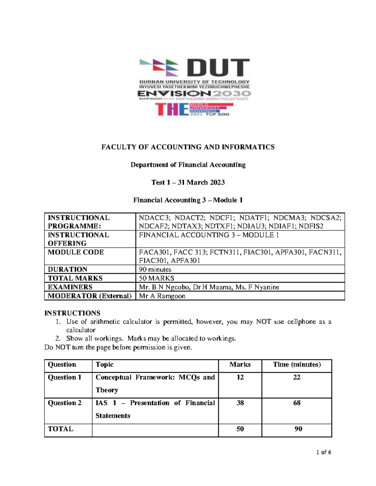 Test 1 semester 1 2023 - test 1 - FACULTY OF ACCOUNTING AND INFORMATICS ...