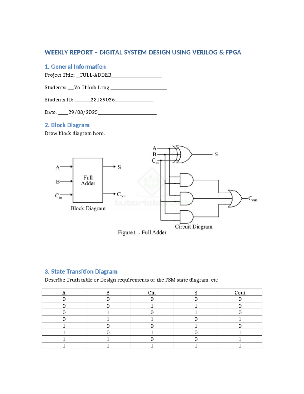WEEKLY REPORT: FULL ADDER DESIGN USING VERILOG FPGA - Studocu