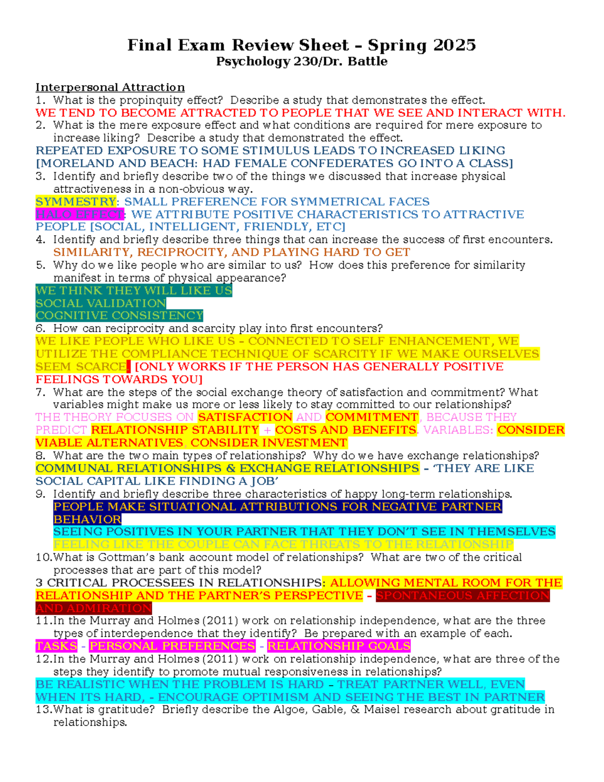 Final Exam Review Sheet – Psychology 230 - Spring 2025 - Final Exam ...
