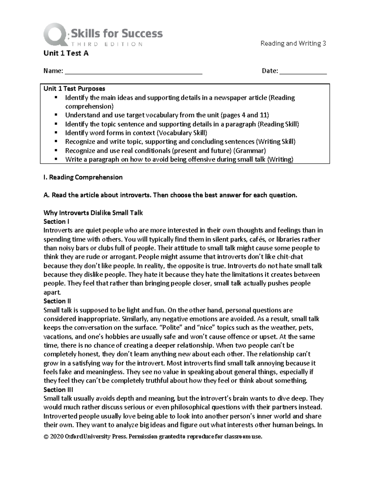 Q3e RW3 U01A Unit 1 Test: Reading & Writing Skills - Studocu