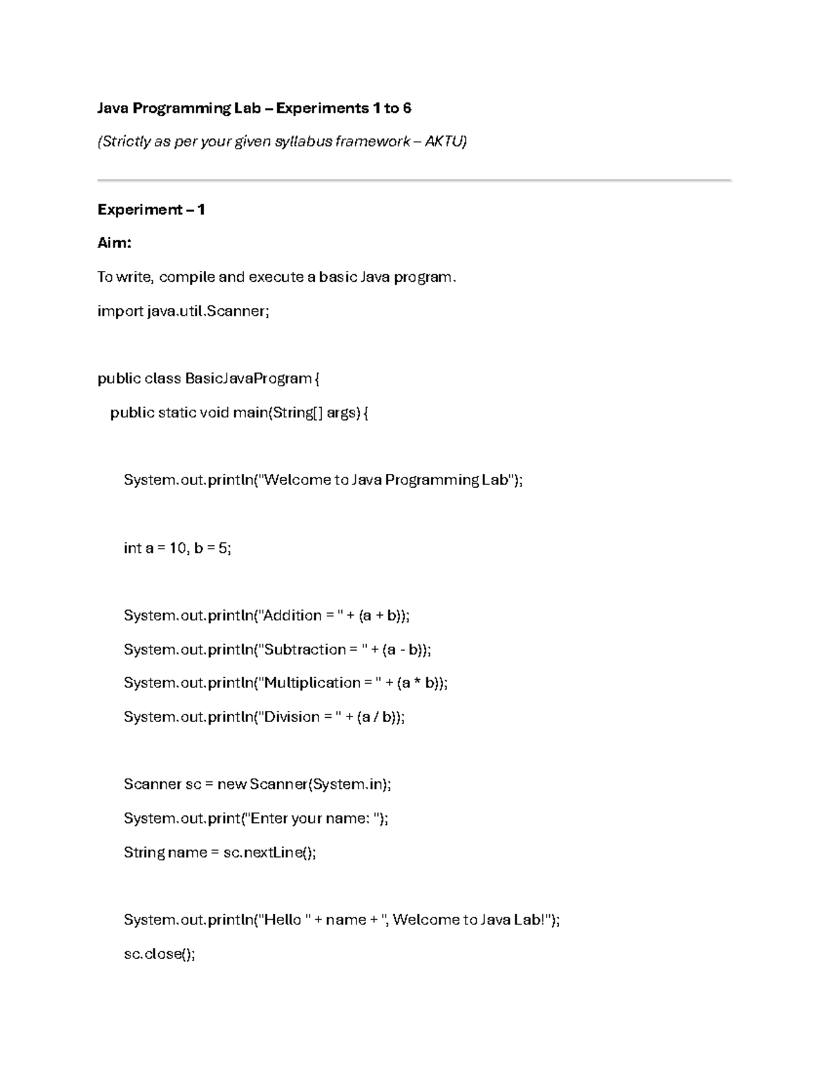 Java Programming Lab Experiments 1-6 (AKTU Syllabus Aligned) - Studocu