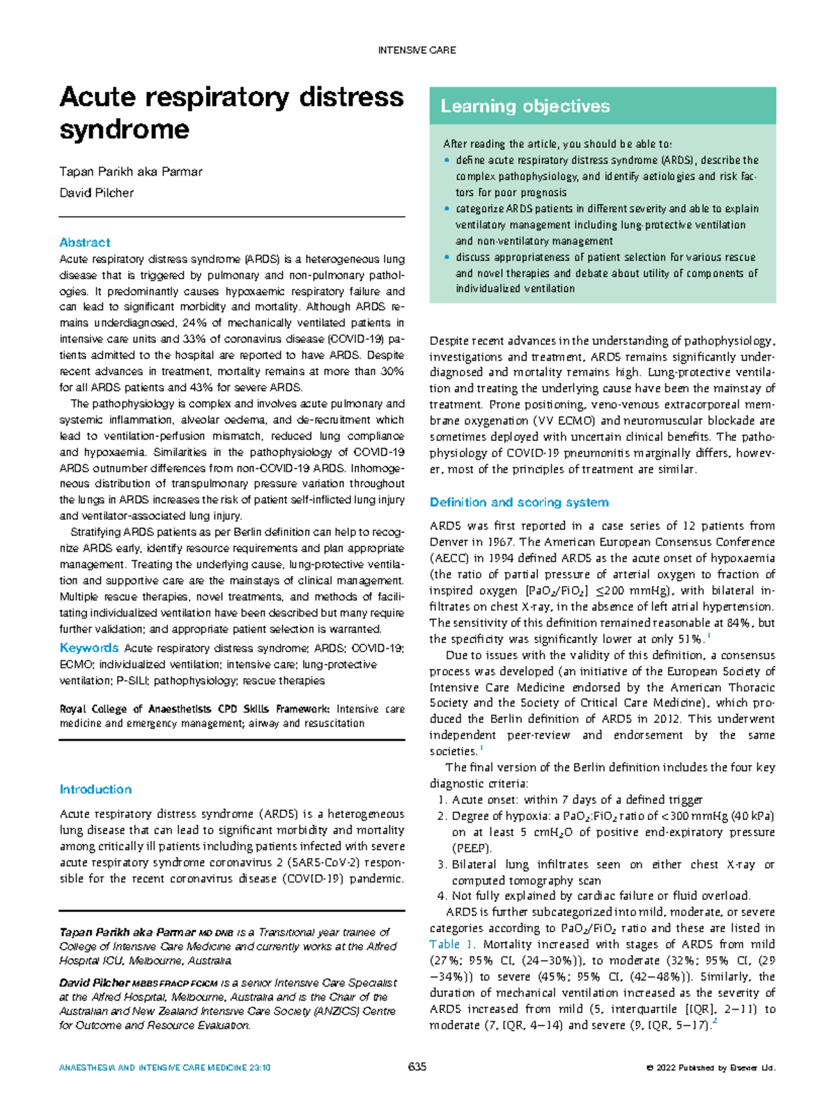 INTENSIVE CARE 23:10 Acute Respiratory Distress Syndrome Overview and ...