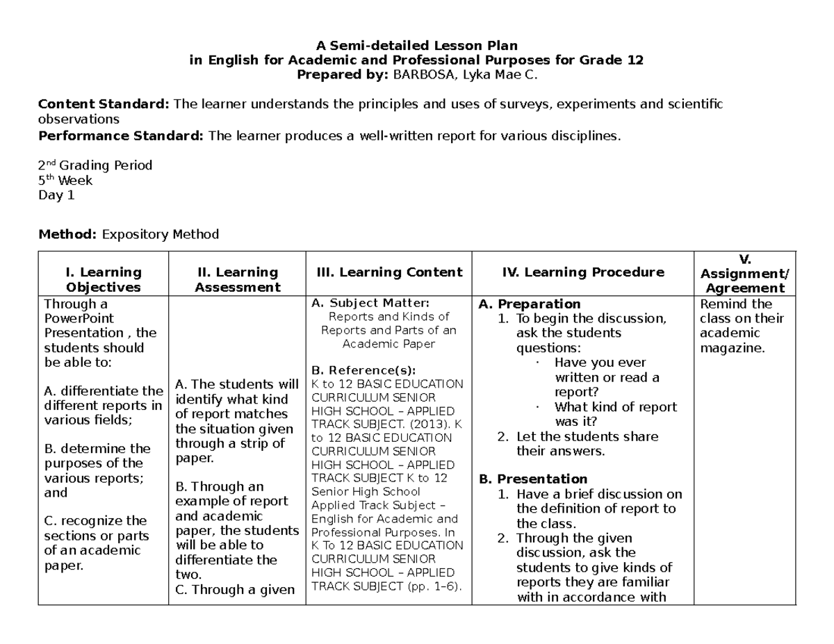 LP: Reports and Parts of an Academic Paper for Grade 12 - Studocu