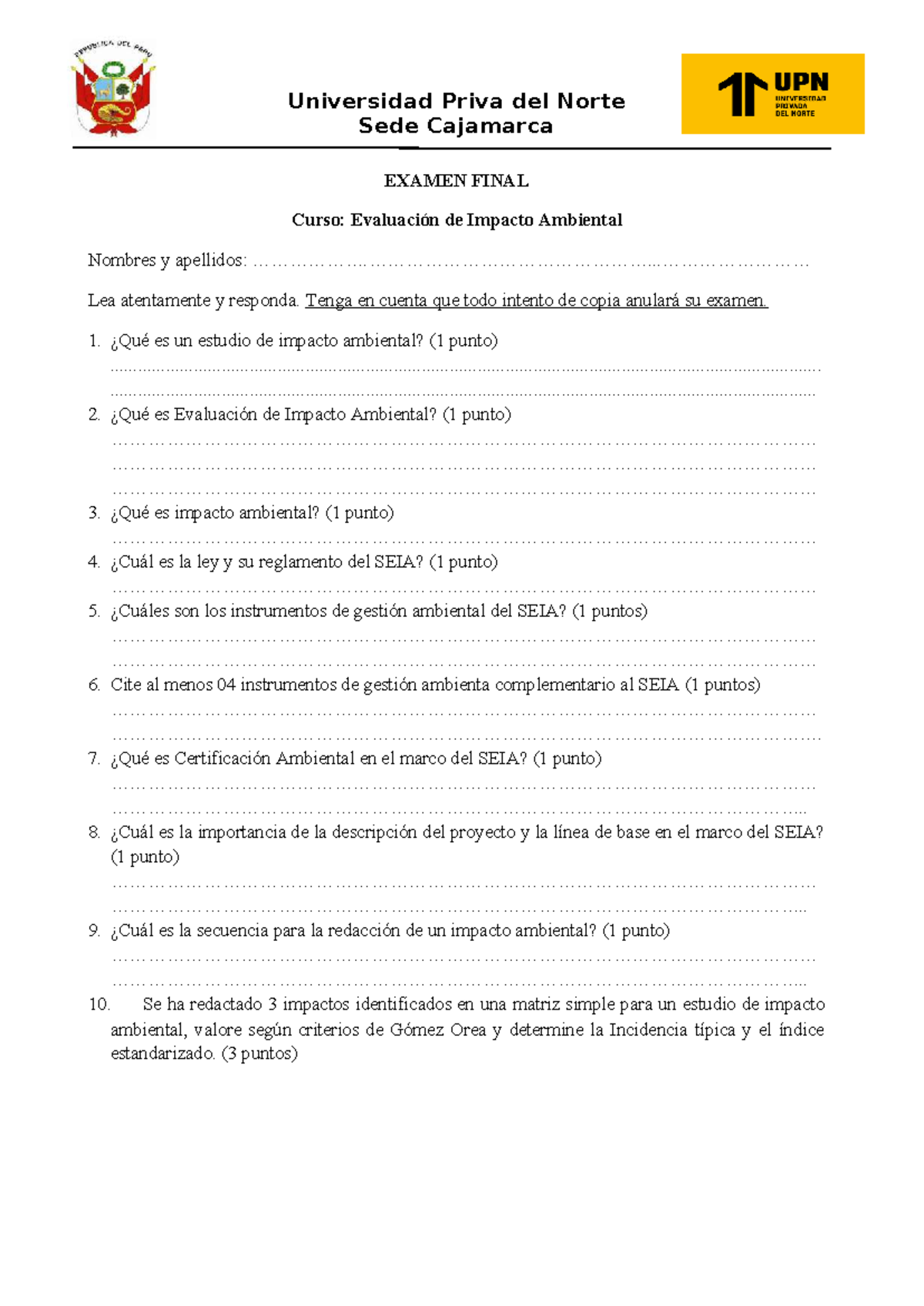 Examen Final - Evaluación de Impacto Ambiental - UPN-Cajamarca - Studocu