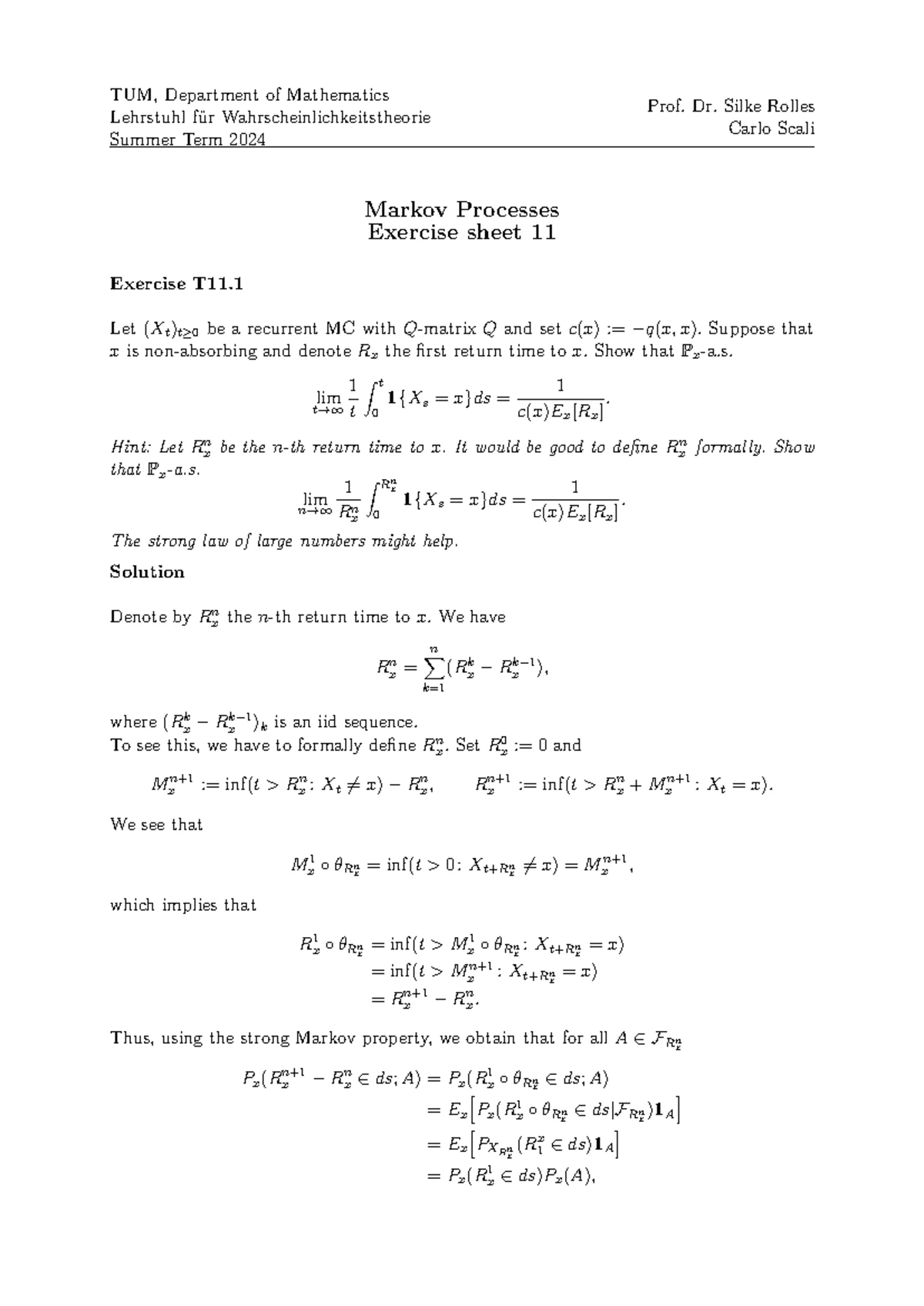 TUM Math 2025: Markov Processes Exercise Solutions Sheet 1 - Studocu