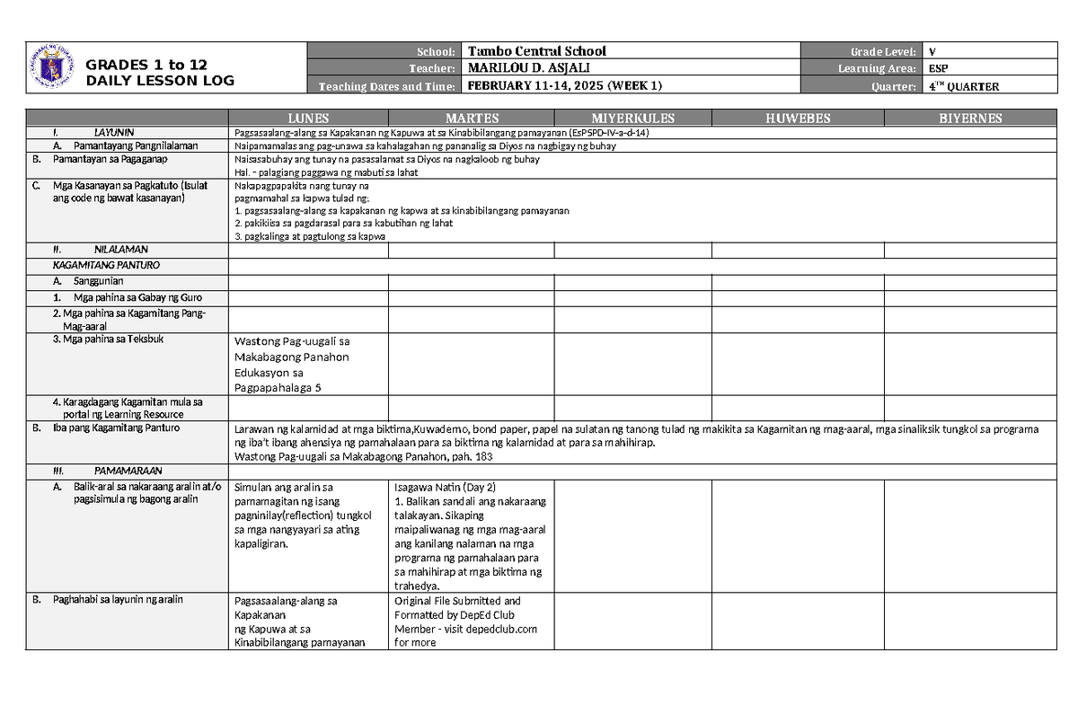 DLL ESP 5 Q4 W1 - DAILY LESSON LOG - GRADES 1 to 12 DAILY LESSON LOG ...