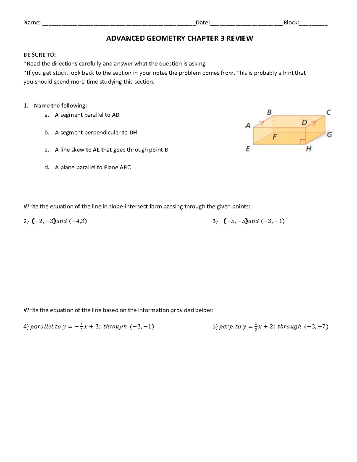 ADVANCED GEOMETRY CHAPTER 3 REVIEW (2017) - Studocu
