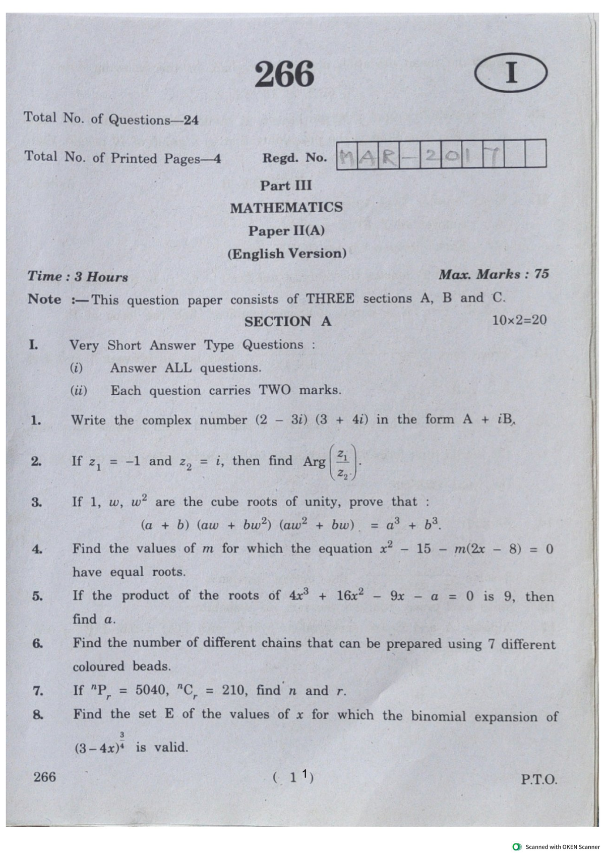 MATHEMATICS Paper II(A) (English Version) Previous Exam Papers - Studocu