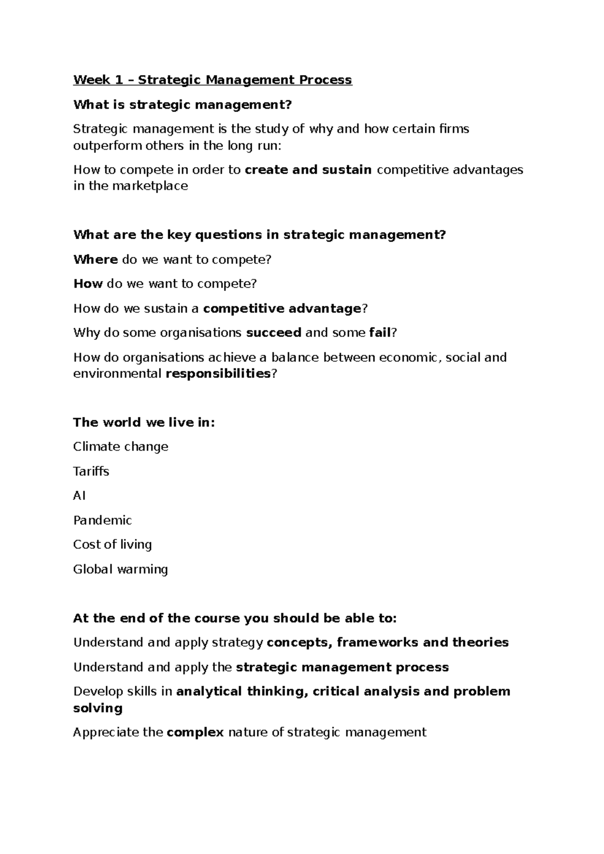 MGMT3347 Week 1 Lecture Notes: Strategic Management Process Overview ...