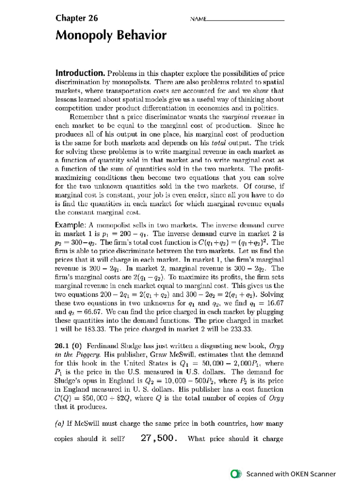 Monopoly Behaviour by Varian - Chapter 26 NAME Monopoly Behavior ...