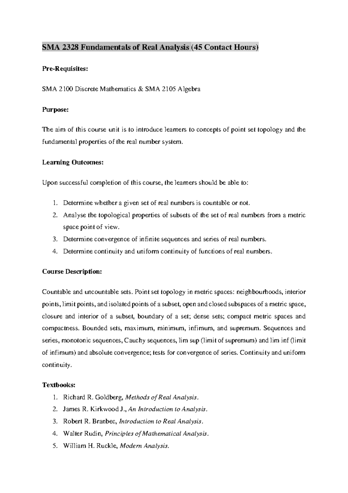 SMA 2328 Real Analysis Overview & Key Concepts - Studocu