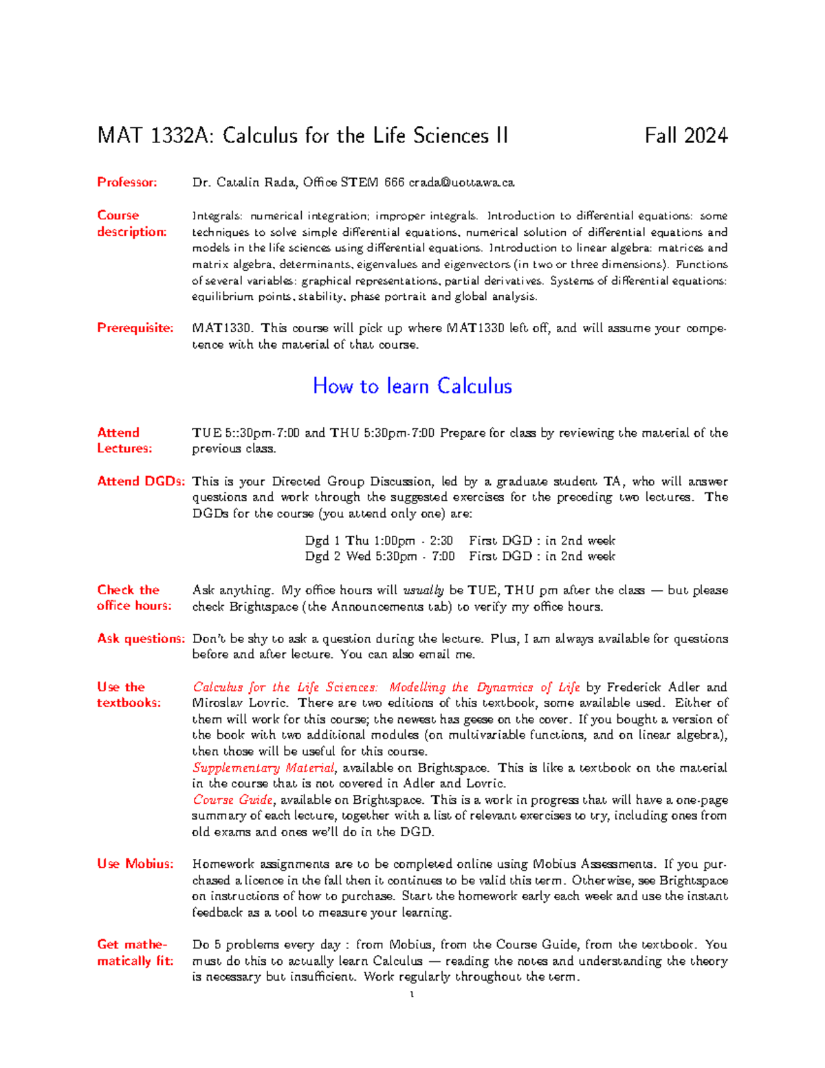 MAT 1332A Syllabus: Calculus for Life Sciences II Fall 2024 Guide - Studocu