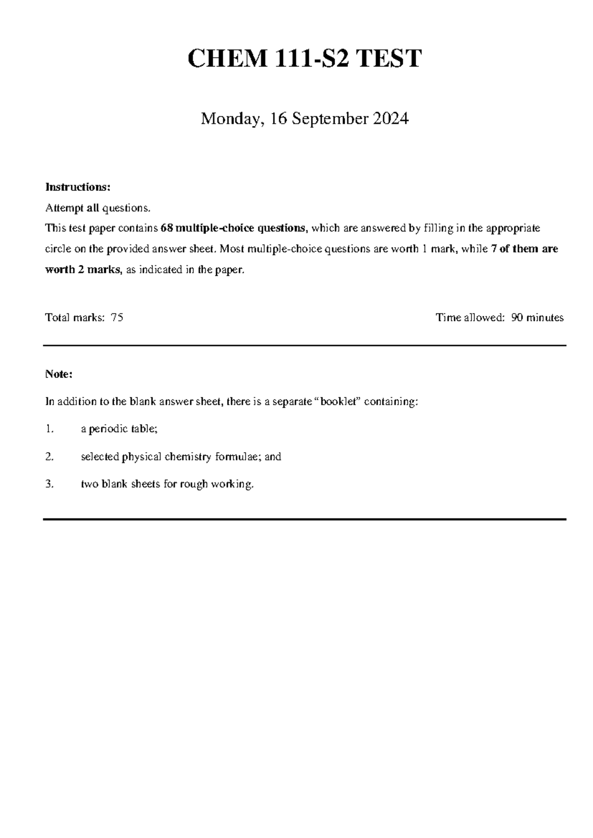 CHEM 111-S2 Test 2024 - Comprehensive Exam Guide - Studocu