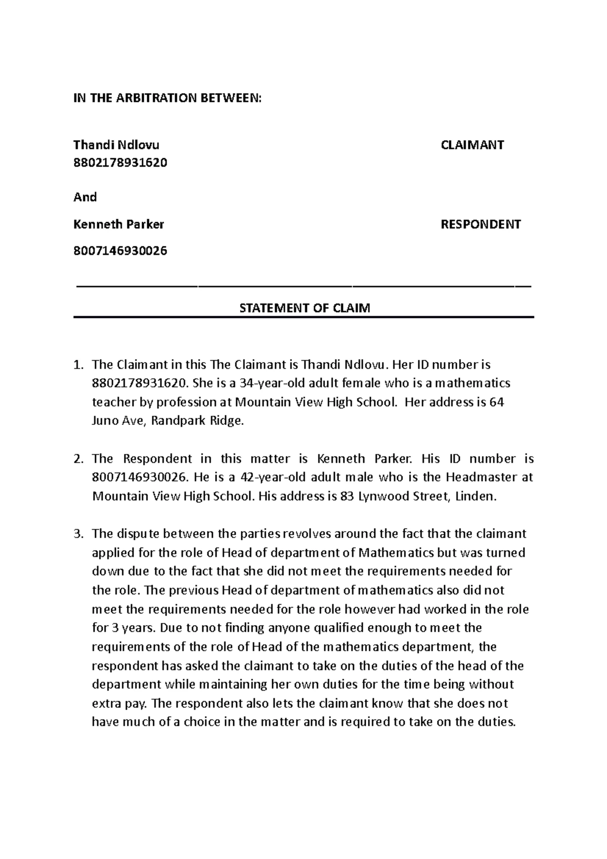 Statement of Claim - Arbitration Case - Thandi Ndlovu vs Kenneth Parker ...