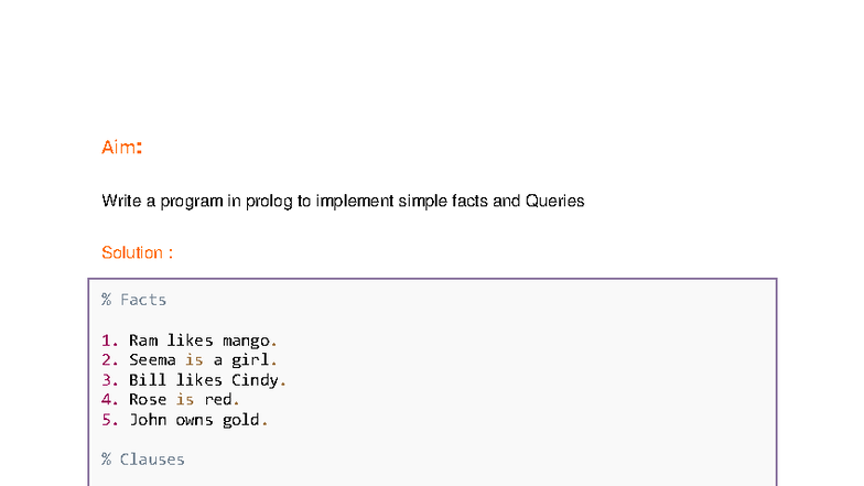 Prolog Programming Solutions for AI Lab Manual (CS101) - Studocu