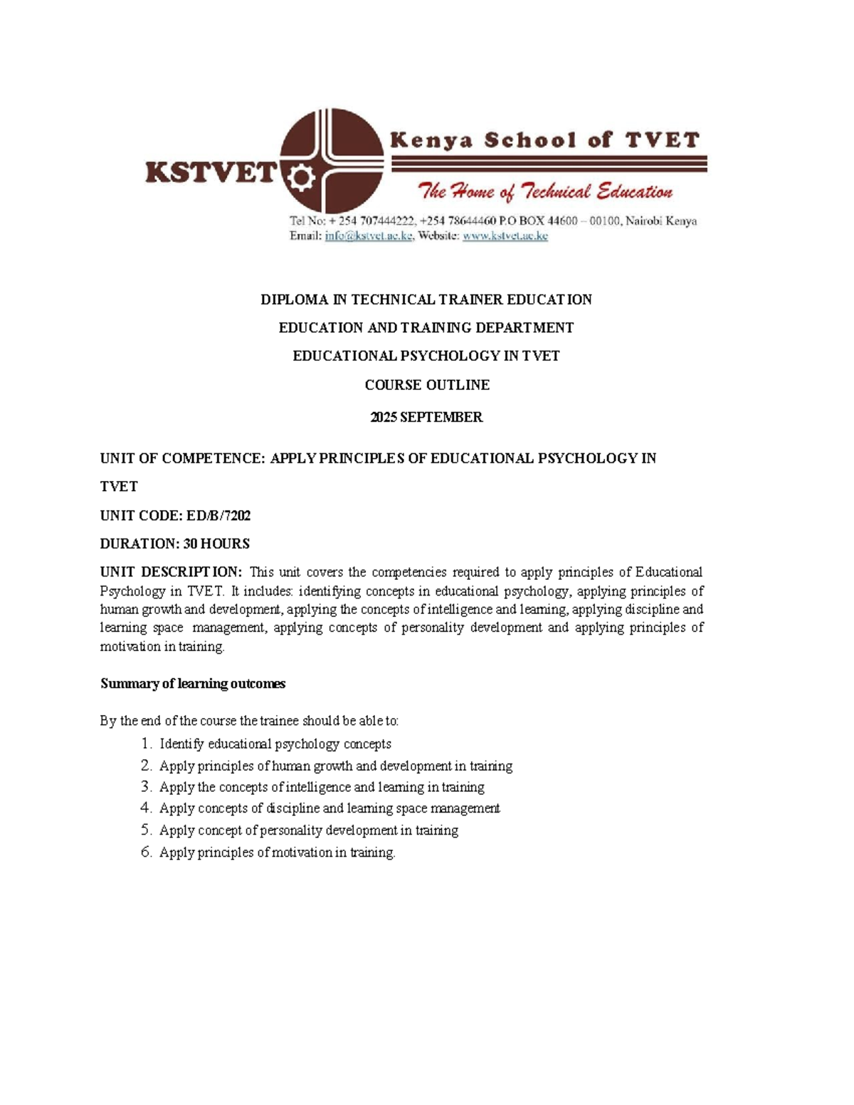 DIPLOMA IN TECHNICAL TRAINER EDUCATION: Ed Psych Course Outline 2025 ...