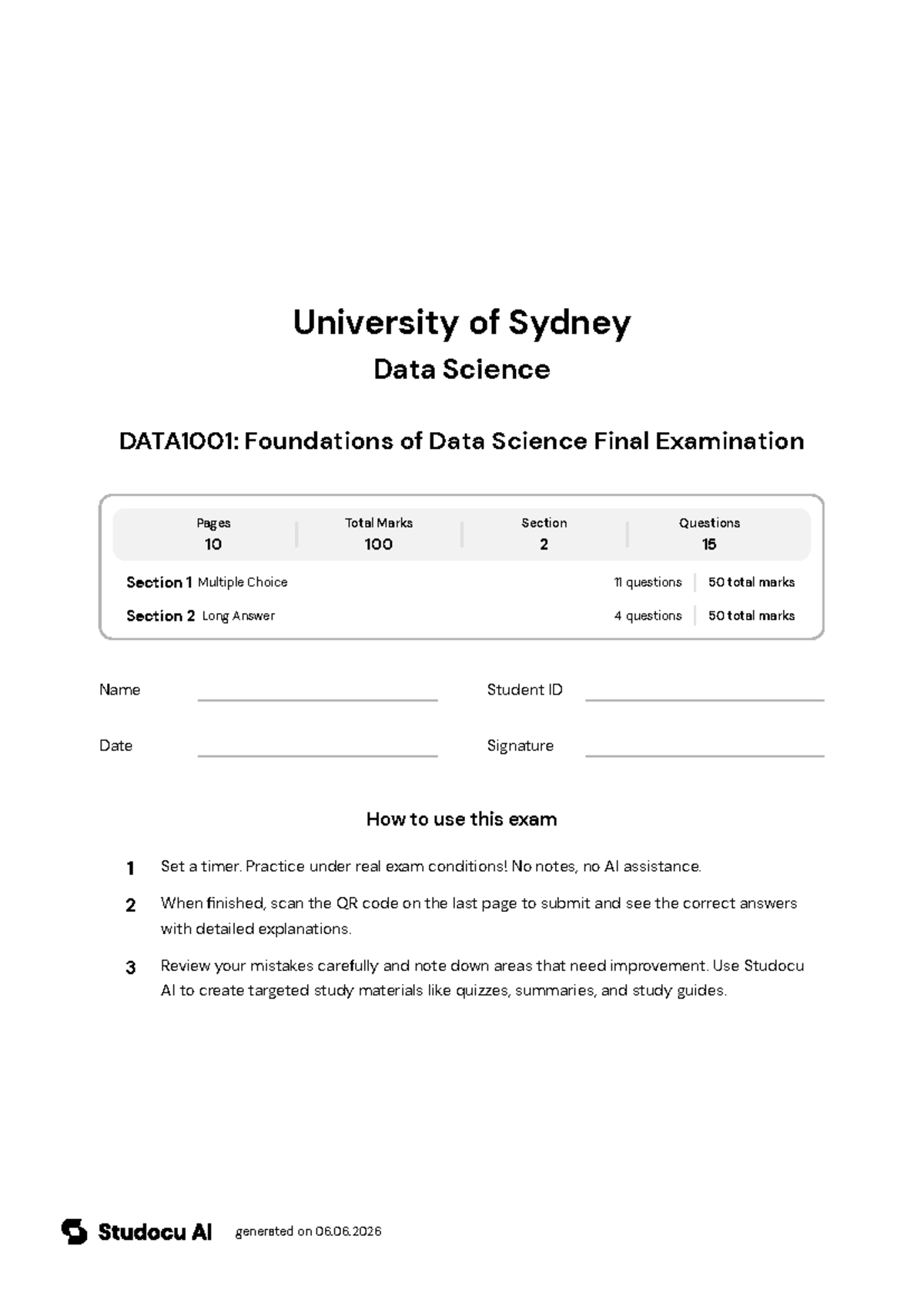 DATA1001: Foundations of Data Science Final Exam - Studocu