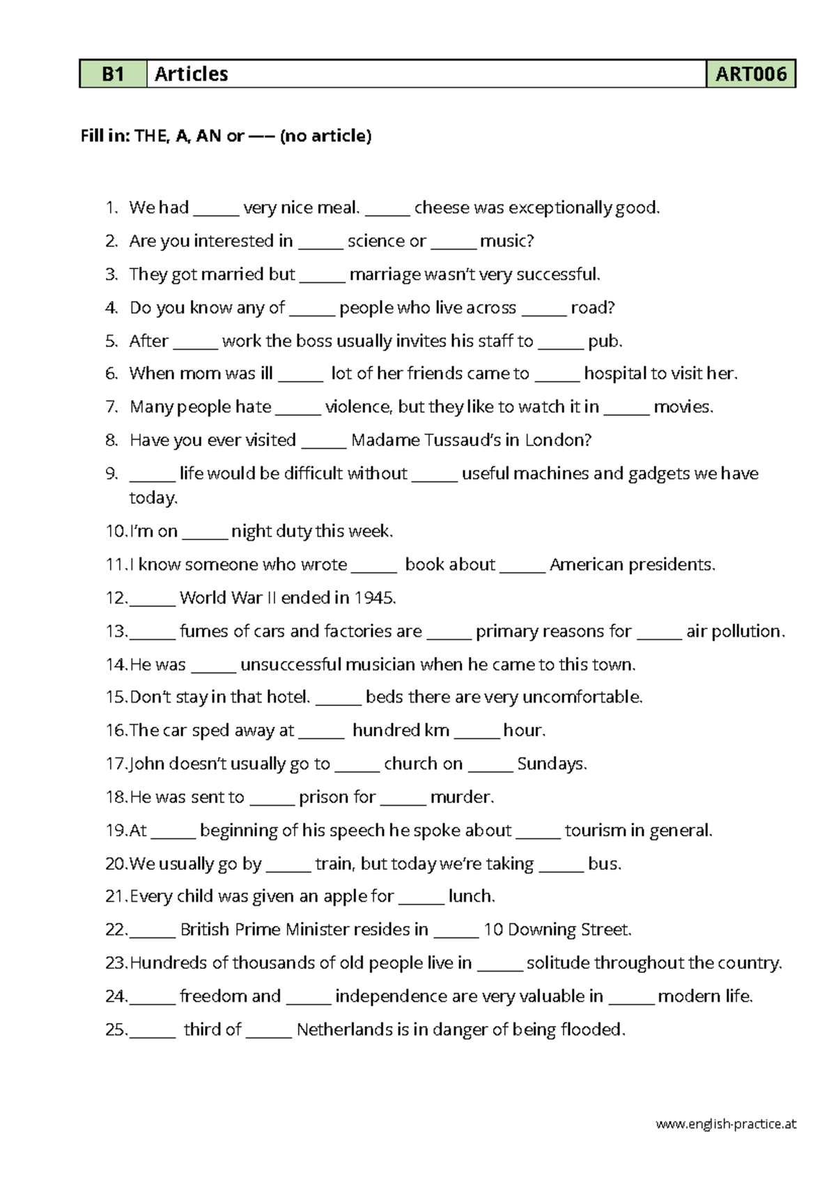 B1 Articles Practice Exercises - ART 006 - Studocu