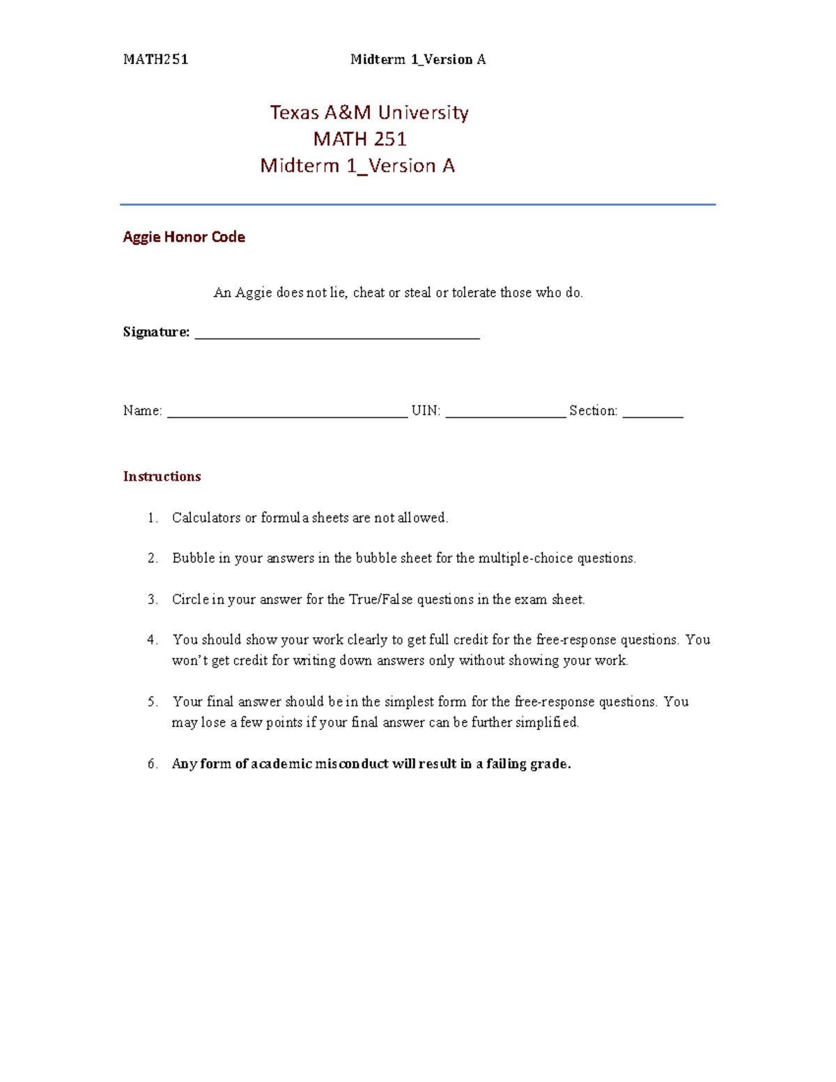 MATH251 Midterm 1 Sample Practice Exam - Version A - Studocu