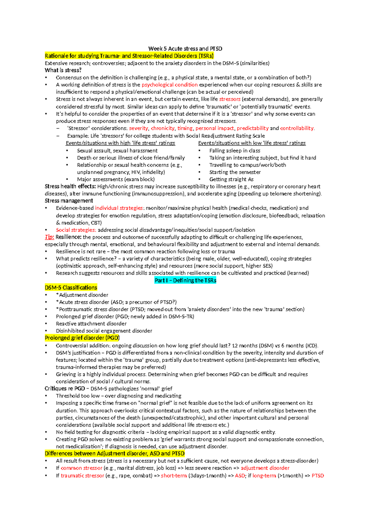 W5 lecture note - Week 5 Acute stress and PTSD Rationale for studying ...