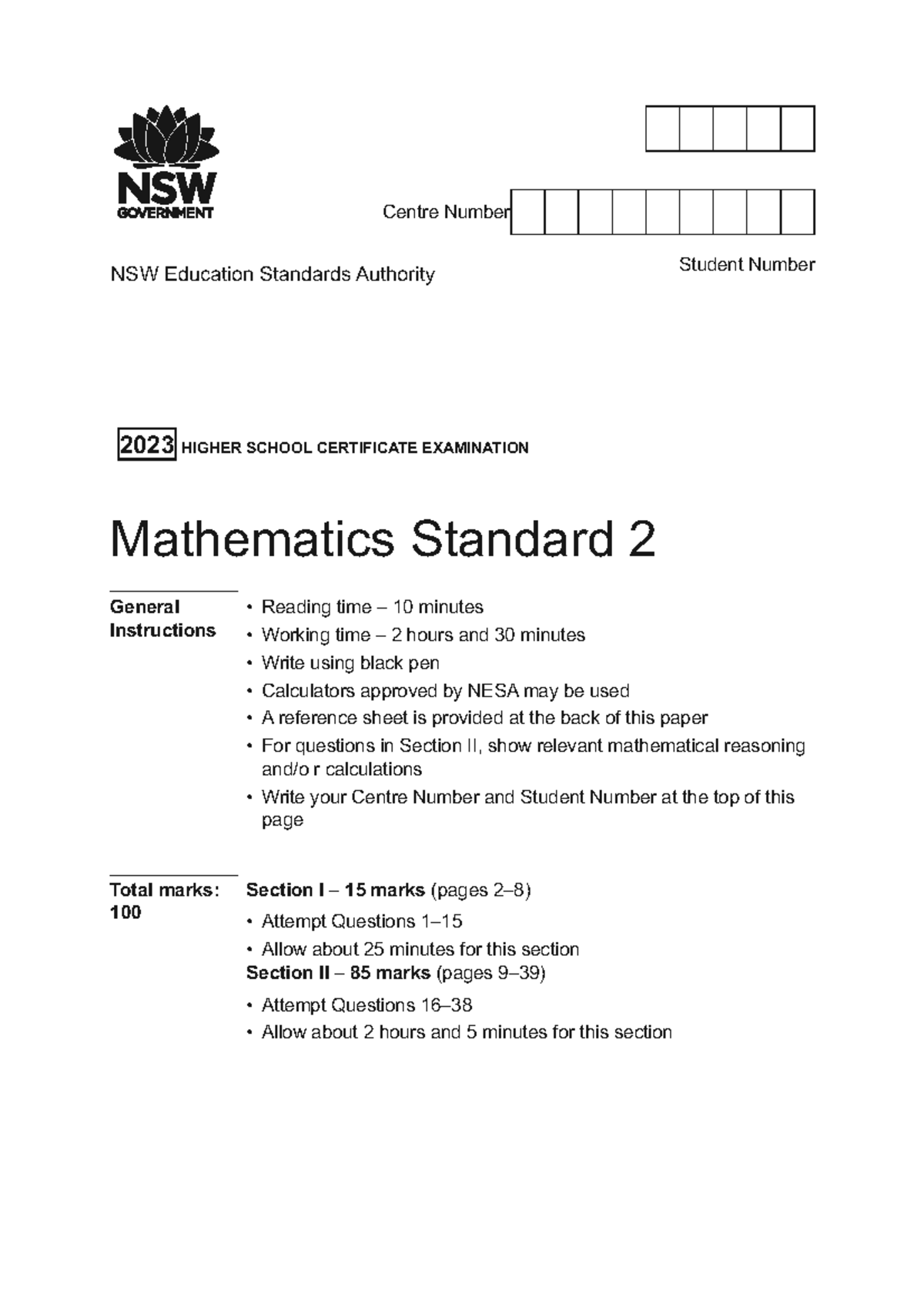 2023 HSC Mathematics Standard 2 Trial Paper - Kambala - Studocu