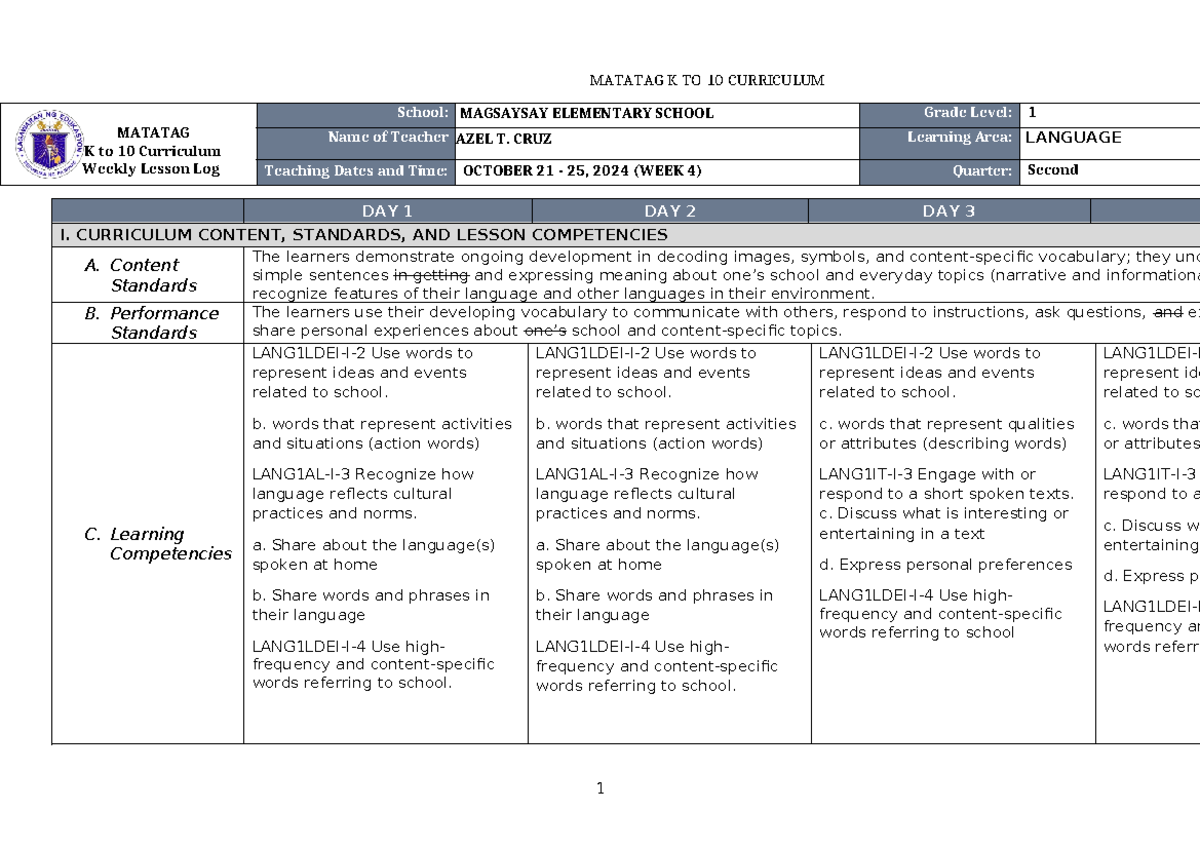 DLL Matatag Language 1 Q2 W4 - DAY 1 DAY 2 DAY 3 I. CURRICULUM CONTENT ...