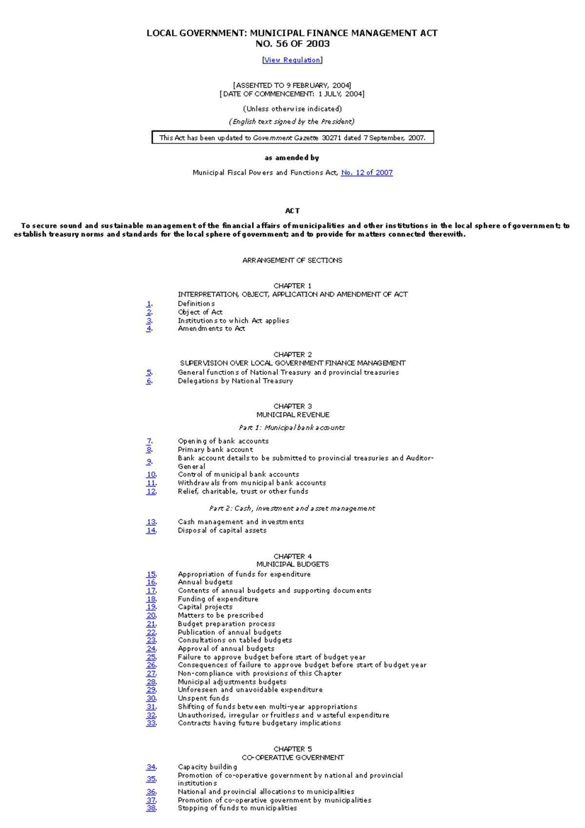 Municipal Finance Management Act No. 56 of 2003: Overview and Key ...