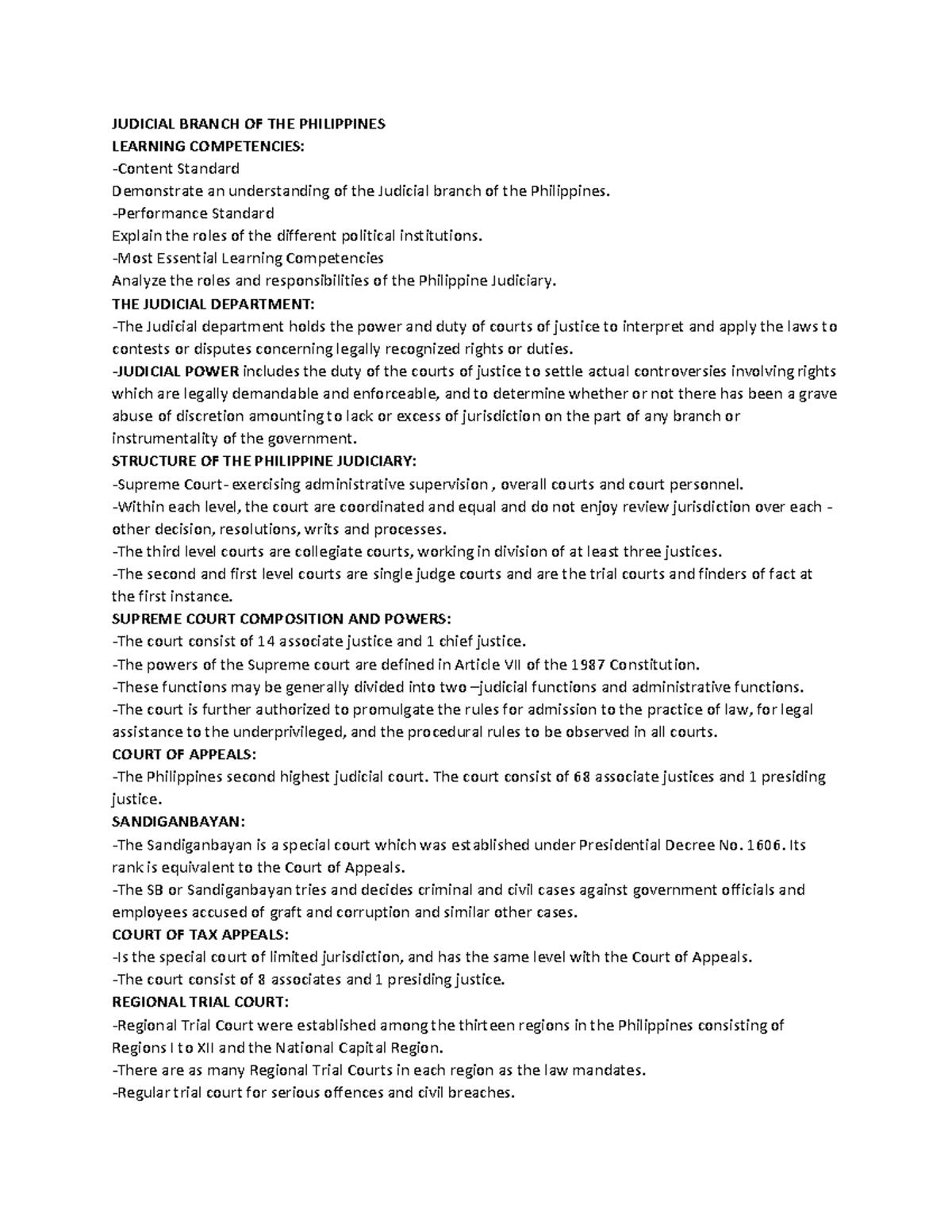 JUDICIAL BRANCH OF THE PHILIPPINES: Key Concepts & Competencies - Studocu