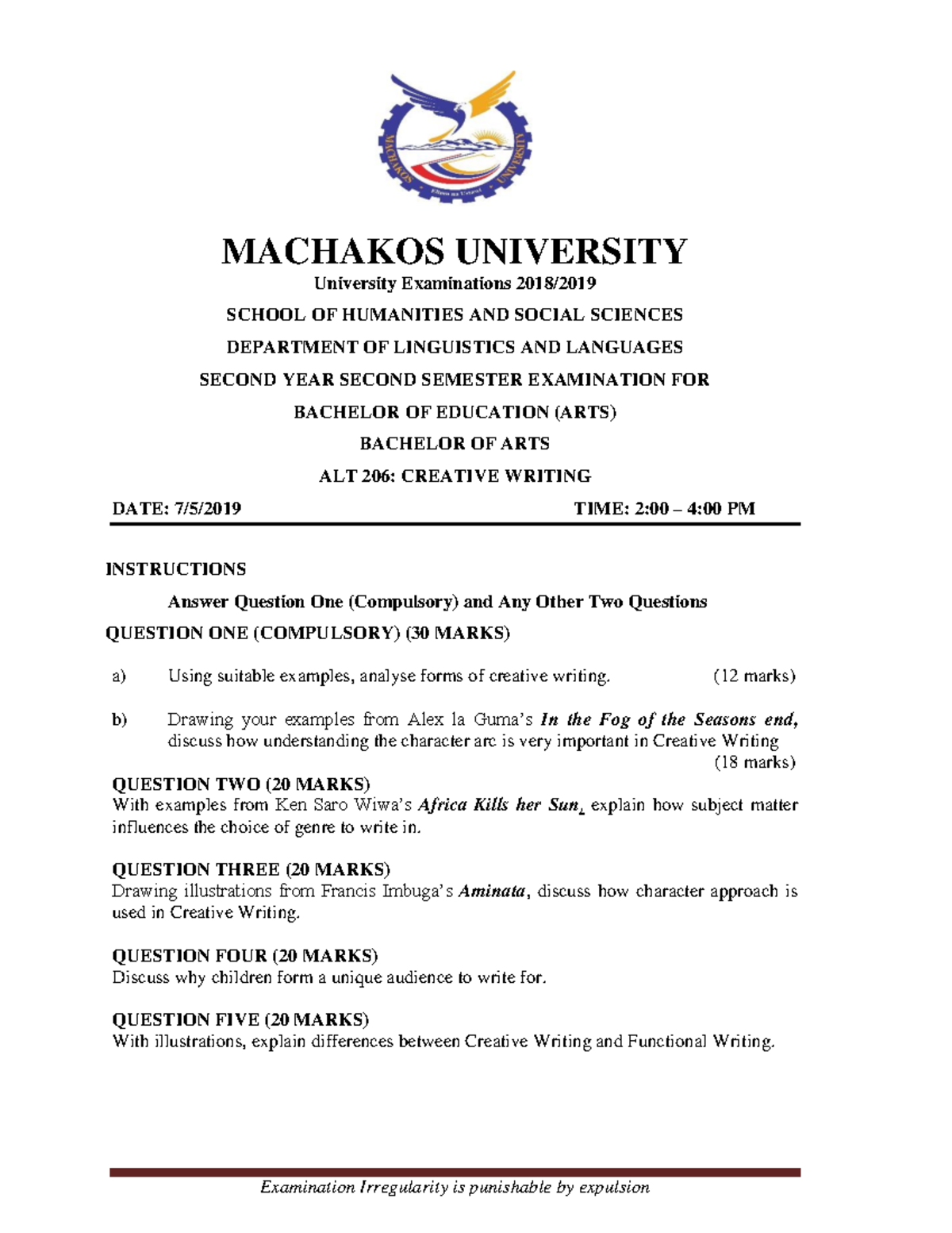ALT 206: Creative Writing Exam Questions and Analysis - Studocu
