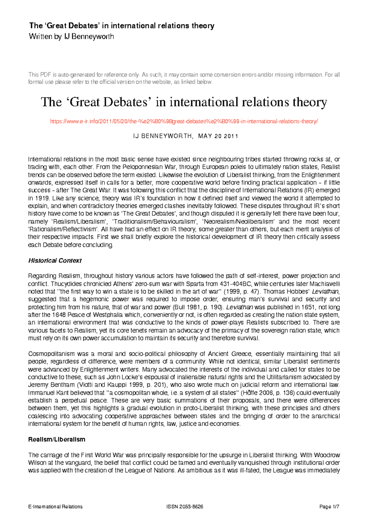 IR102 - Lecture Notes on the Great Debates in International Relations ...