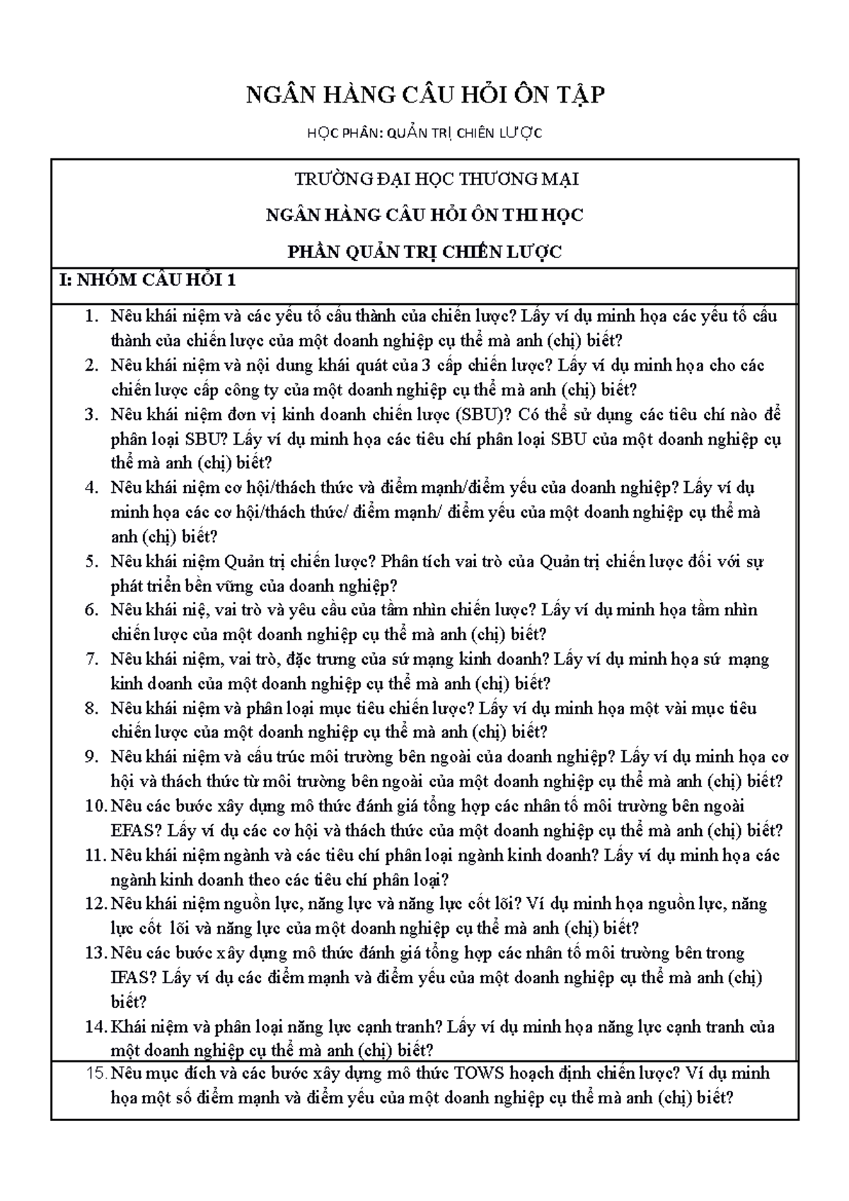 Ngân hàng câu hỏi ôn thi Quản trị chiến lược - QT345 - Document Preview