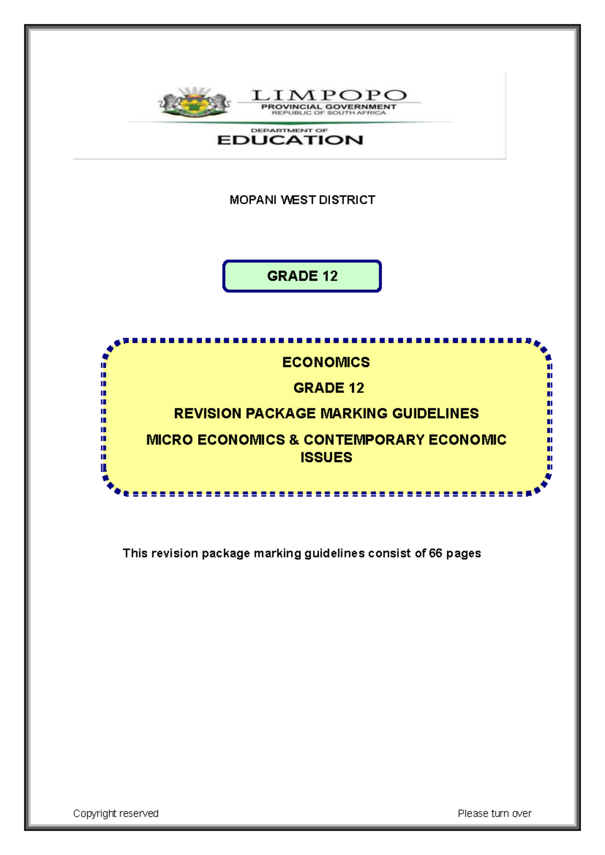MOPANI WEST GRADE 12 ECONOMICS REVISION PACKAGE: MICROECONOMICS ...
