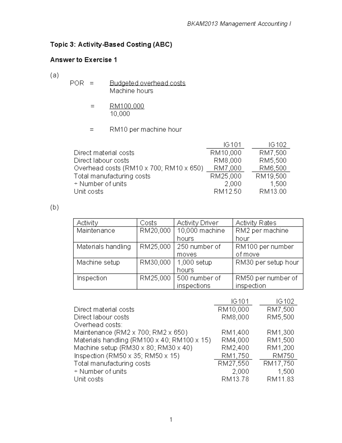 BKAM2013 Management Accounting I Topic 3: ABC costing exercise answer ...
