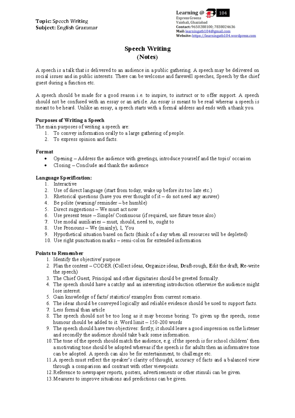 ENG 101: Speech Writing Notes and Guidelines - Studocu