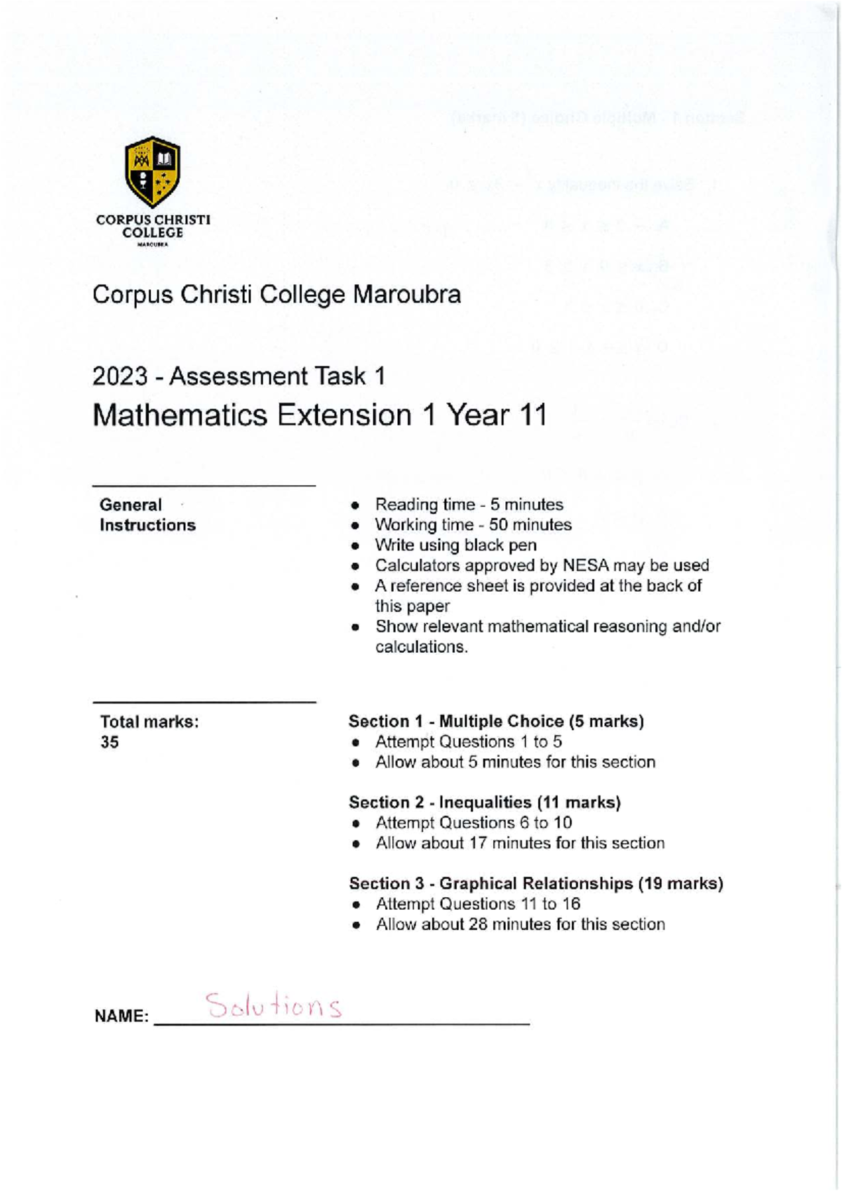 Mathematics Extension 1 Year 11 - Assessment Task 1 Solutions - Studocu