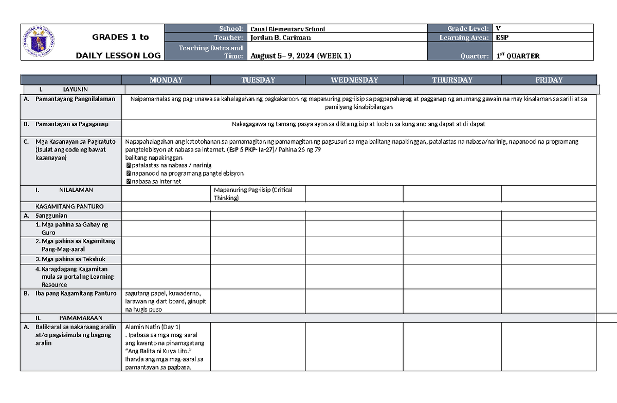 DLL ESP 5 Q1 W1 - Sample DLL - GRADES 1 to 12 DAILY LESSON LOG School ...