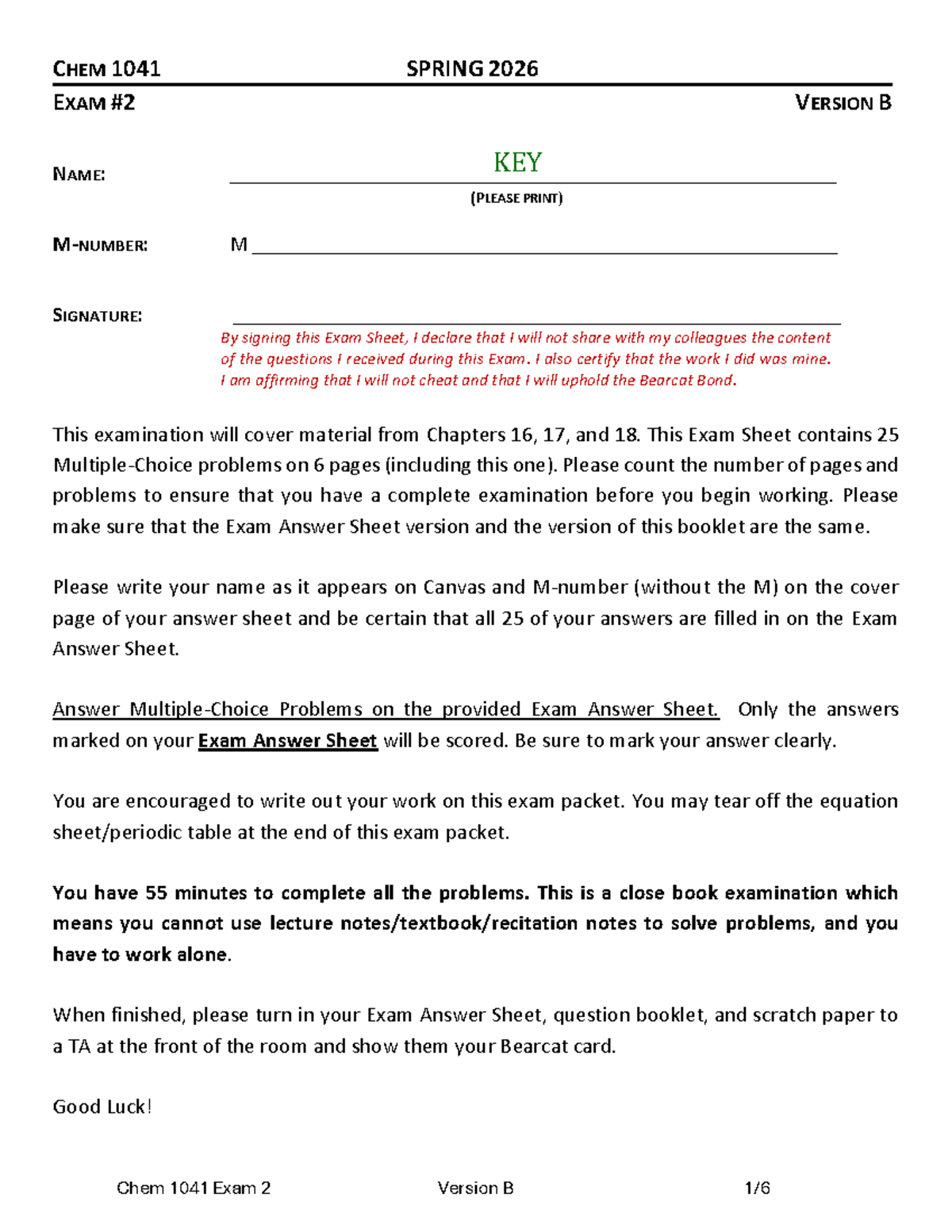 CHEM 1041 Exam 2 Spring 2026 Version B Answer Key - Studocu
