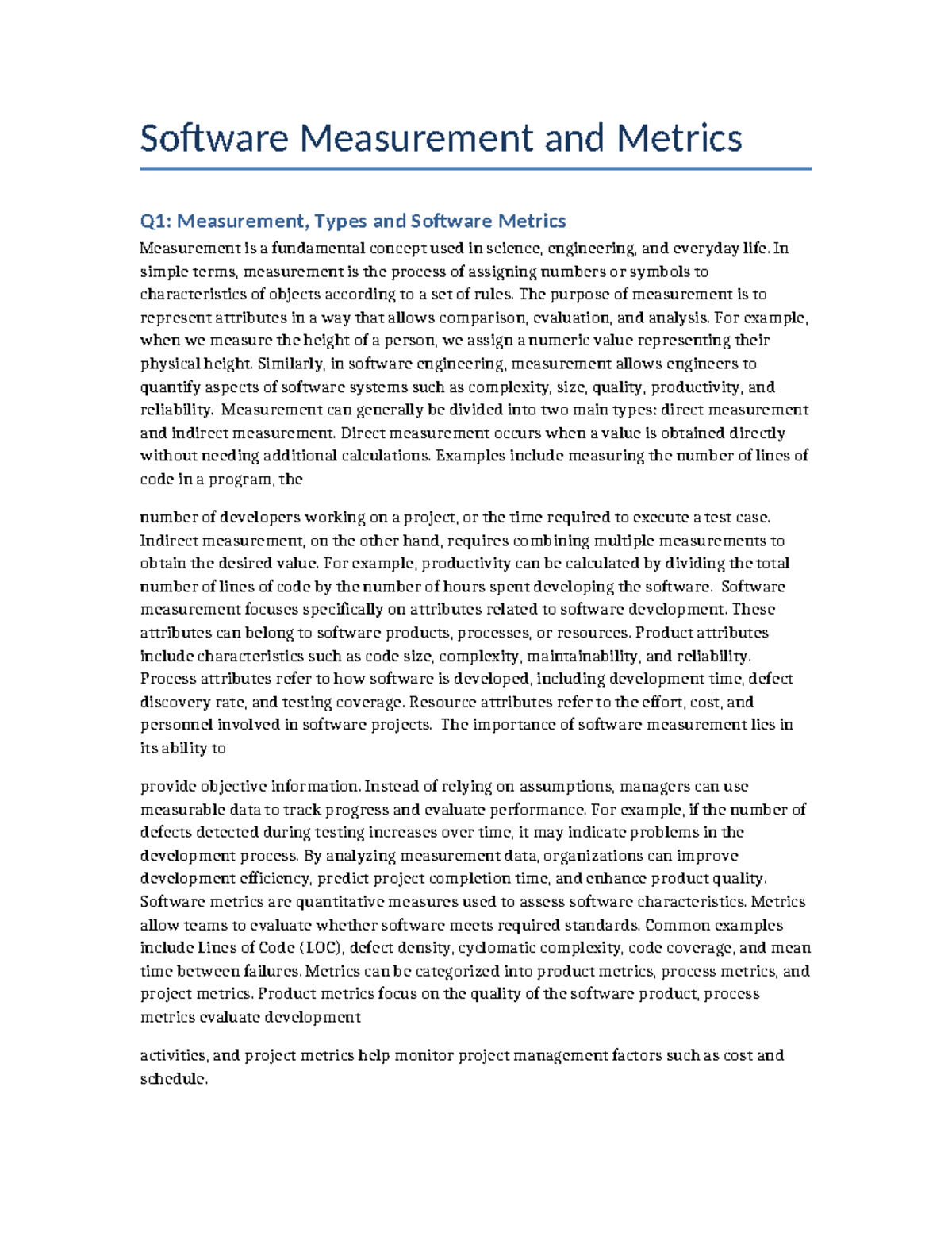 Software Measurement and Metrics Assignment Q1-Q5 Overview - Studocu